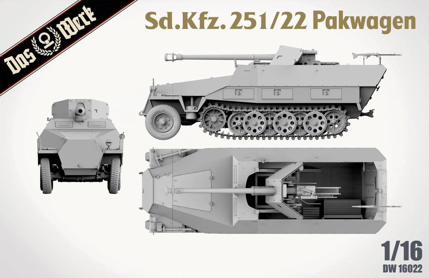Das Werk DW16022 Sd.Kfz. 251/22 AUSF. D Pakwagen - 1:16 Modellbausatz - Halbkettenfahrzeug mit Inneneinrichtung & Motor - Ungebaut