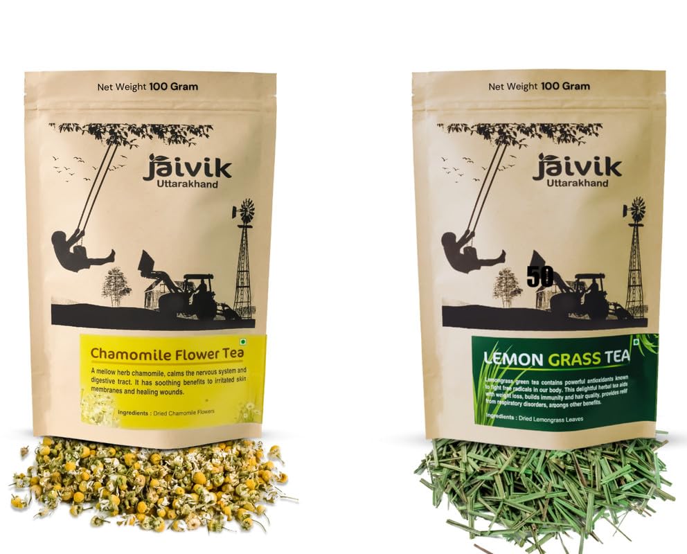 Image of Jaivik Uttarakhand - Chamomile Flowers, Lemongrass Tea (100g each), Unique Blend Crafted Loose Leaf For Chai Lovers Across India, Combo (Pack Of 2)
