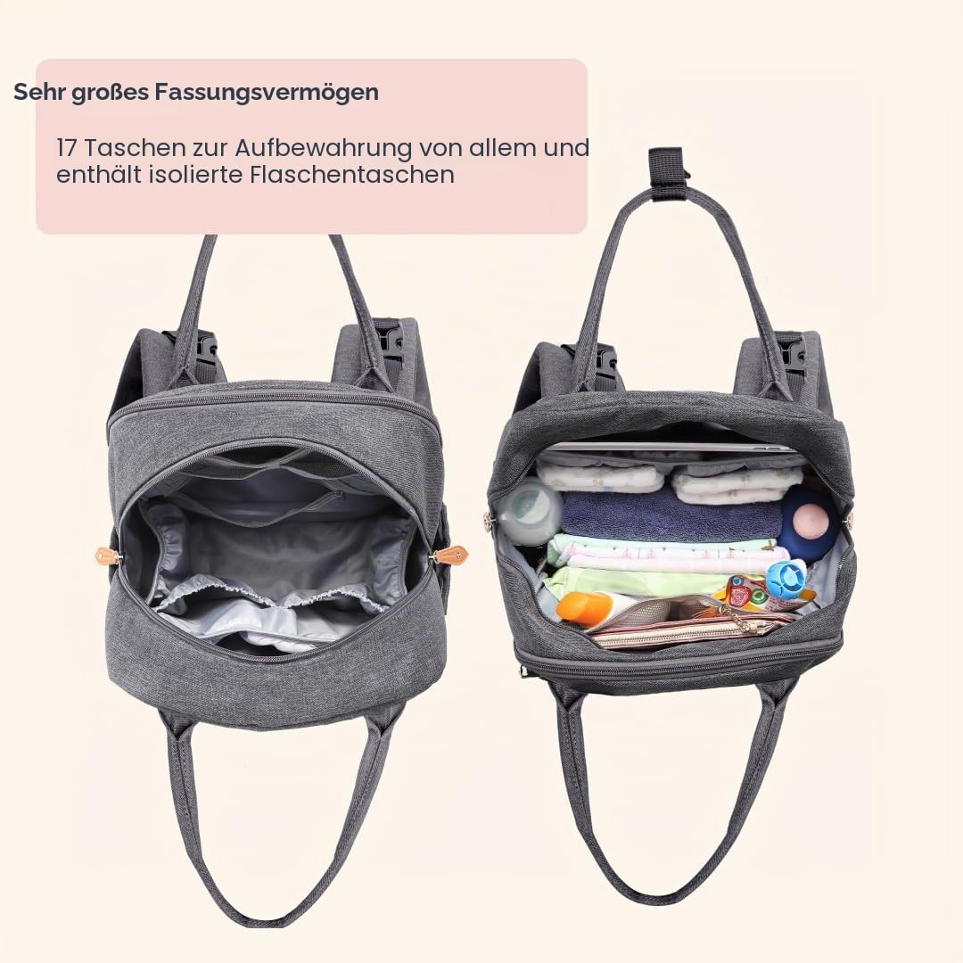 BabbleRoo Wickeltaschen-Rucksack, multifunktional, wasserdicht, Reise-Rucksack mit Wickelunterlage und Kinderwagengurten und Schnulleretui, Unisex und stilvoll (dunkelgrau)