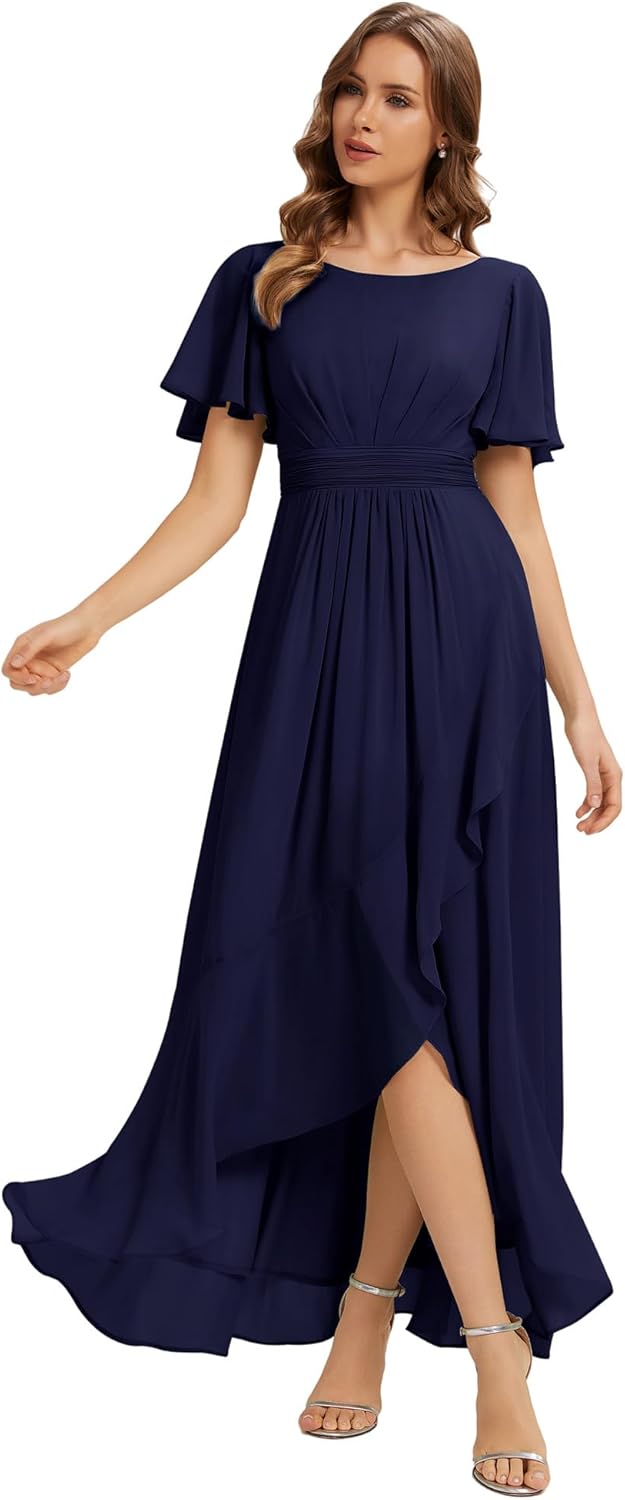 Ever-Pretty Women's Short Sleeves Summer Spring Bridesmaid Dress Chiffon High-Low Semi Formal Wedding Guest Dresses 02708