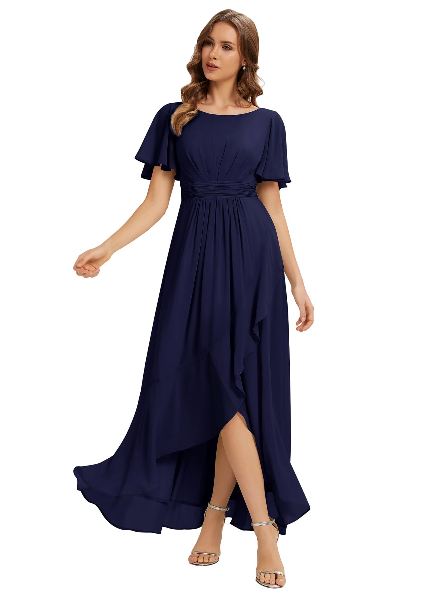 Ever-Pretty Abendkleider Chiffon Lang Brautjungfernkleider High Low Rundhalsausschnitt Rüschen Festliche Kleider ES02708