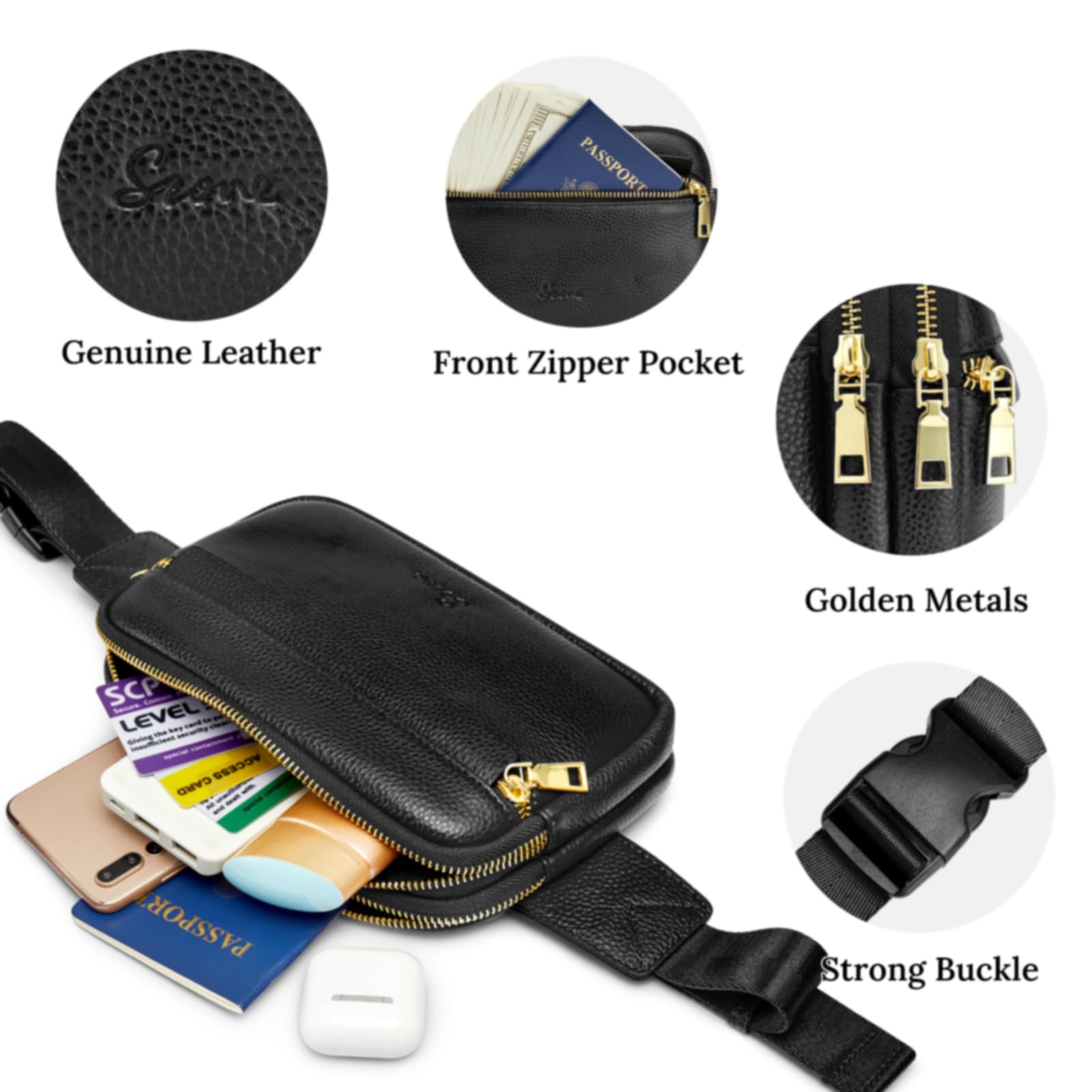 S-ZONE Fanny Packs for Women Genuine Leather RFID Blocking Crossbody Bags Purses Sling Waist Chest Bag Gifts Travel Running Adjustable Strap Men: Black