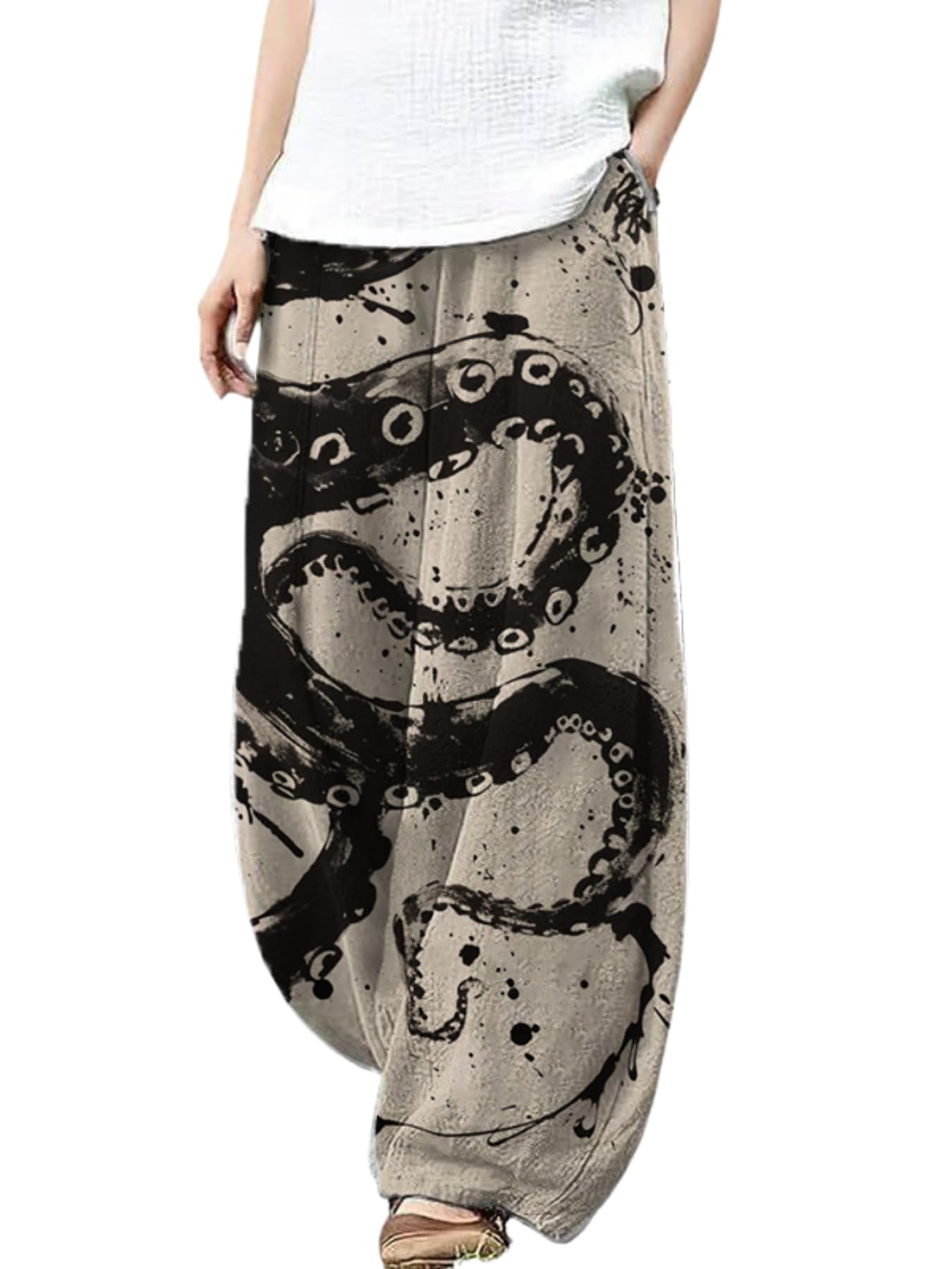 DMOYALA Women's Linen Pants Barrel Japanese Art Octopus Black Printed Boho Floral Casual Loose Cotton Linen Wide Leg Baggy Lantern Trouser with