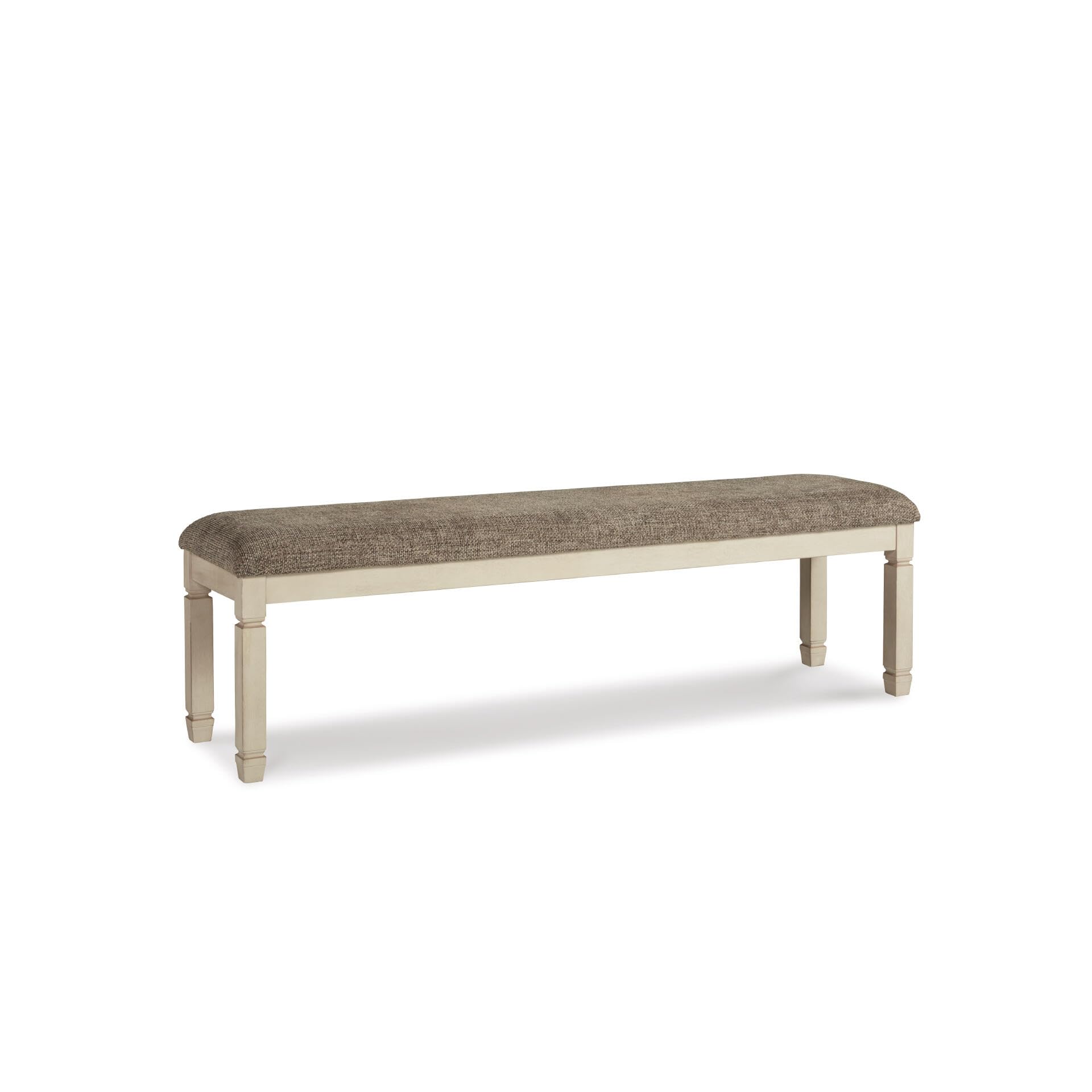Signature Design by Ashley Bolanburg 65" Farmhouse Upholstered Dining Bench | Plush foam cushion for cozy seating, Antiqued white wood, veneer and engineered wood base, Space-saving backless profile