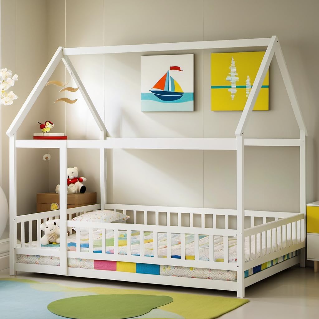 full size montessori floor bed with roof & fence for boys girls bedroom,full size platform solid wood bed frame w/safety guardrails,easy assemble,no box spring needed, white white full