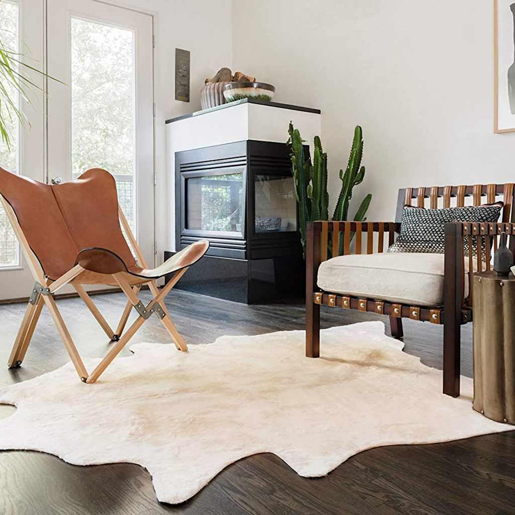 Alfombra de piel de vacuno auténtica, color beige, 180 x 220 cm, fácil de limpiar, suave y esponjosa, adecuada para salón, dormitorio, oficina, estilo vintage moderno, antideslizante y