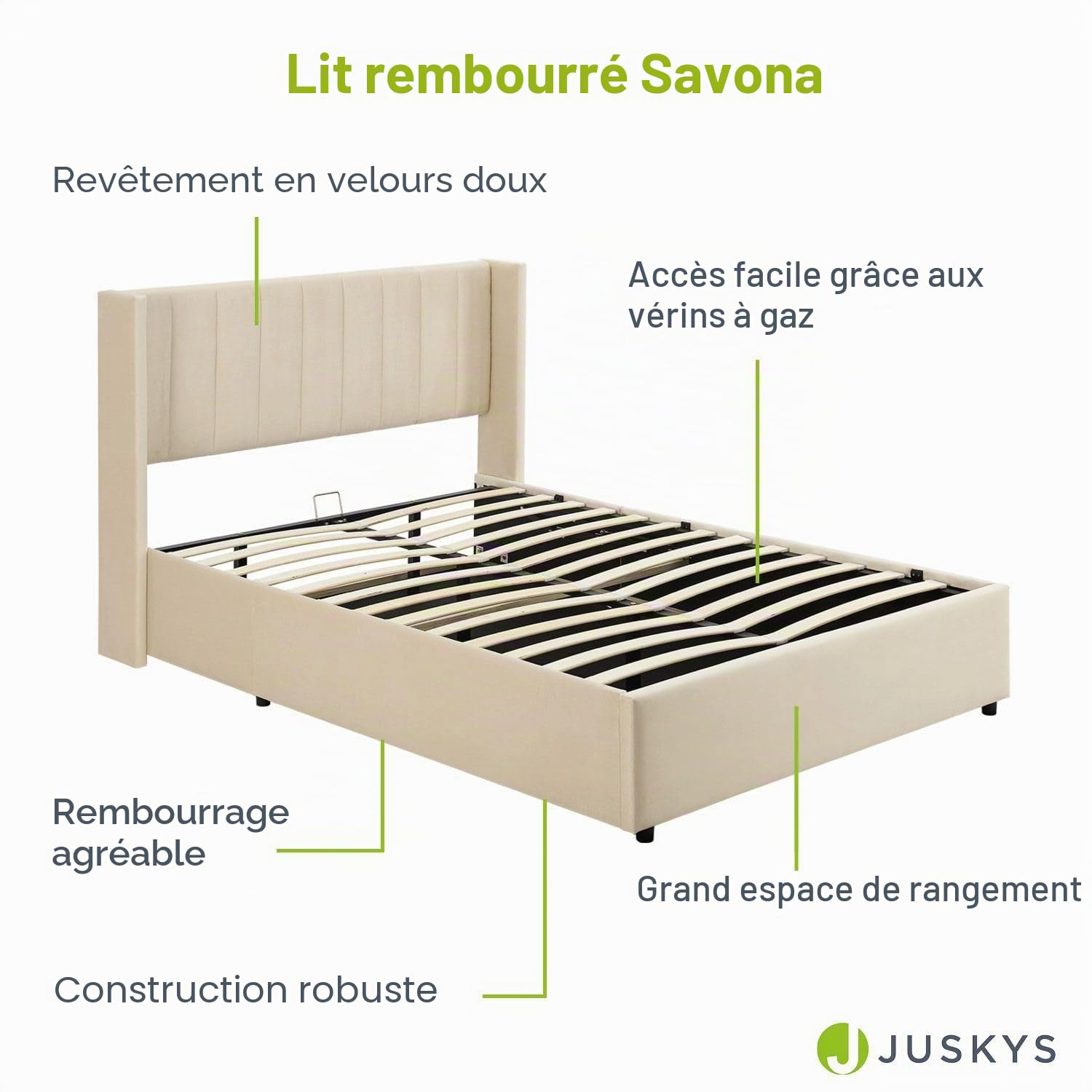 Juskys Lit rembourré Savona 120x200 cm avec Coffre, sommier à Lattes, Housse en Velours, Cadre de lit en Bois, jusqu'à 250 kg, Grande tête de lit, Beige