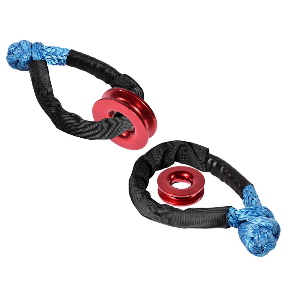 amopacorp Set 2X Blue 1/2 inch 38,000lbs Breaking Strength Synthetic Soft Shackle Protective Sleeve and 2pcs Red Aluminum Towing Recovery Snatch Ring