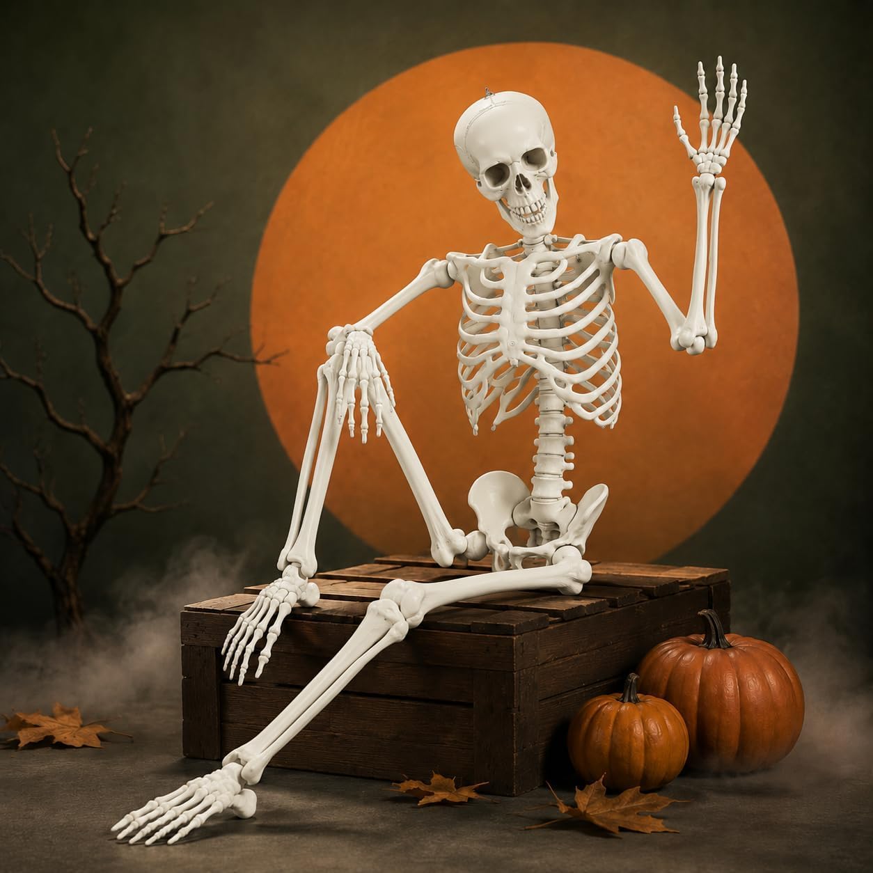 5.4 FT Halloween Skeleton, 165 cm Life Size Posable Full Body Skeleton with Movable Joints and Hanging Loop, Plastic Skeleton Prop for Porch, Yard, Graveyard and Haunted House Decor, Aged Bone