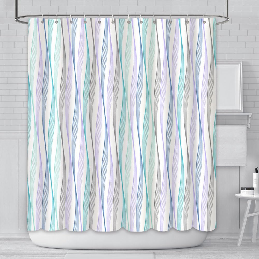 AIBIIN Cortina de ducha con rayas azules y moradas, líneas onduladas, abstractas, modernas, minimalistas, impermeables, de tela de poliéster, juego de cortina de ducha con ganchos, decorativa, 180 x