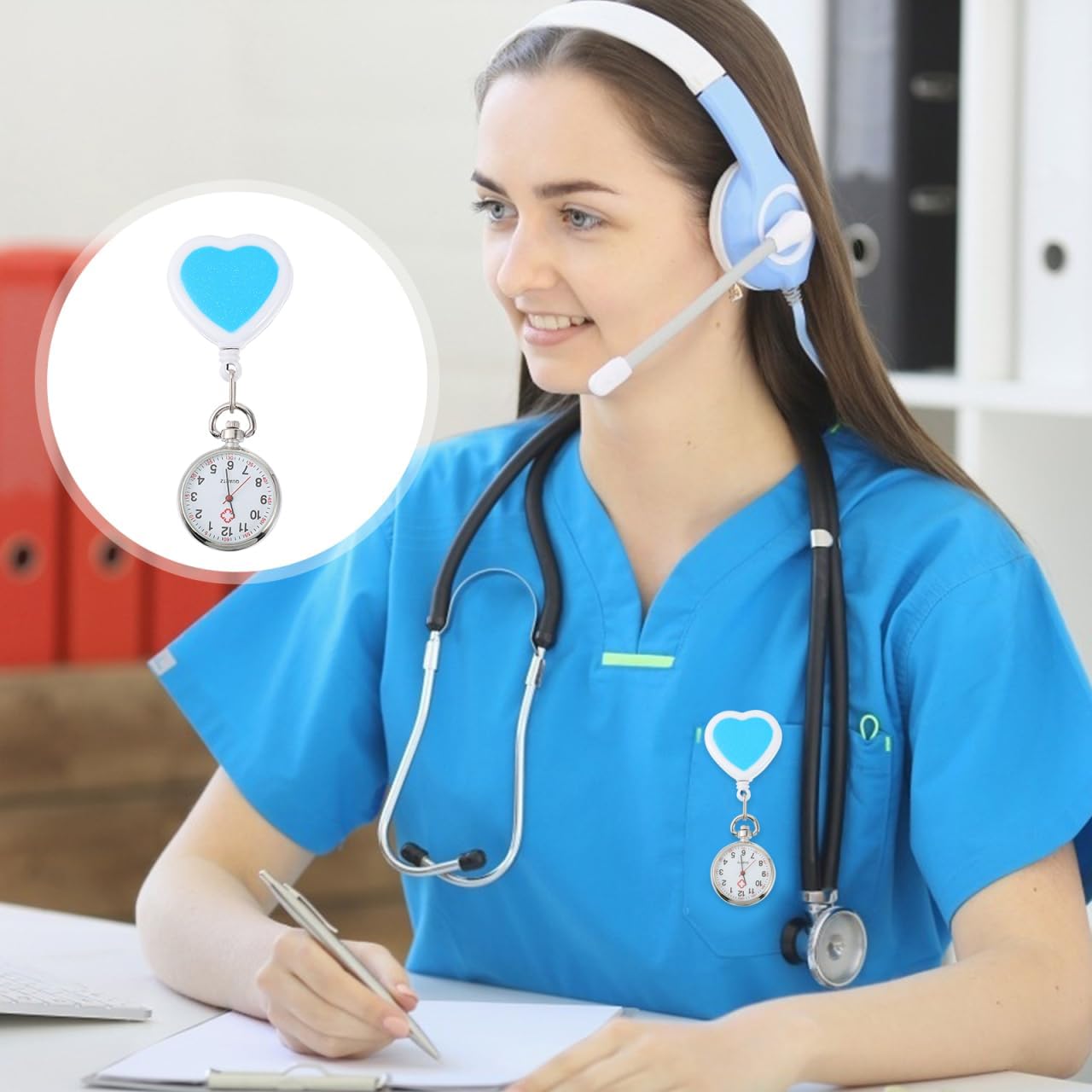 Hemobllo Heart Shaped Retractable Nurse Pocket Watch Quartz Clip-on Hanging Table with Second Hand for Professionals