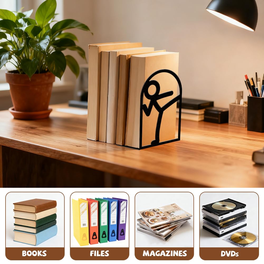 Peacoblue Lot de 2 Serre-Livres en métal, Serre Livre Bonhomme Bâton,avec Autocollants antidérapants pour Chambre à Coucher, bibliothèque, Bureau, école et Bureau(1 Paires)