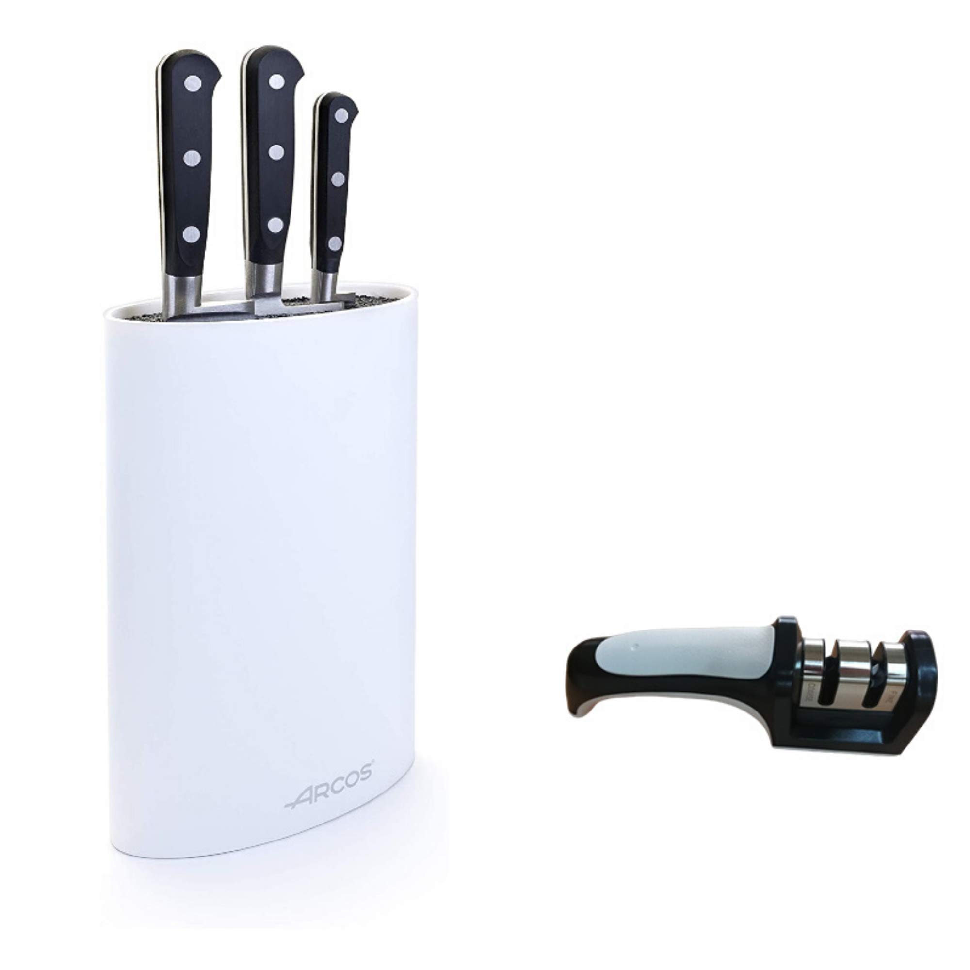 Arcos - Set Cuchillos Cocina Arcos y afilador Arcos | Cuchillos arcos Profesional |4 Piezas | Cuchillo Carne |Cuchillo japones | Cuchillo cebollero |843900