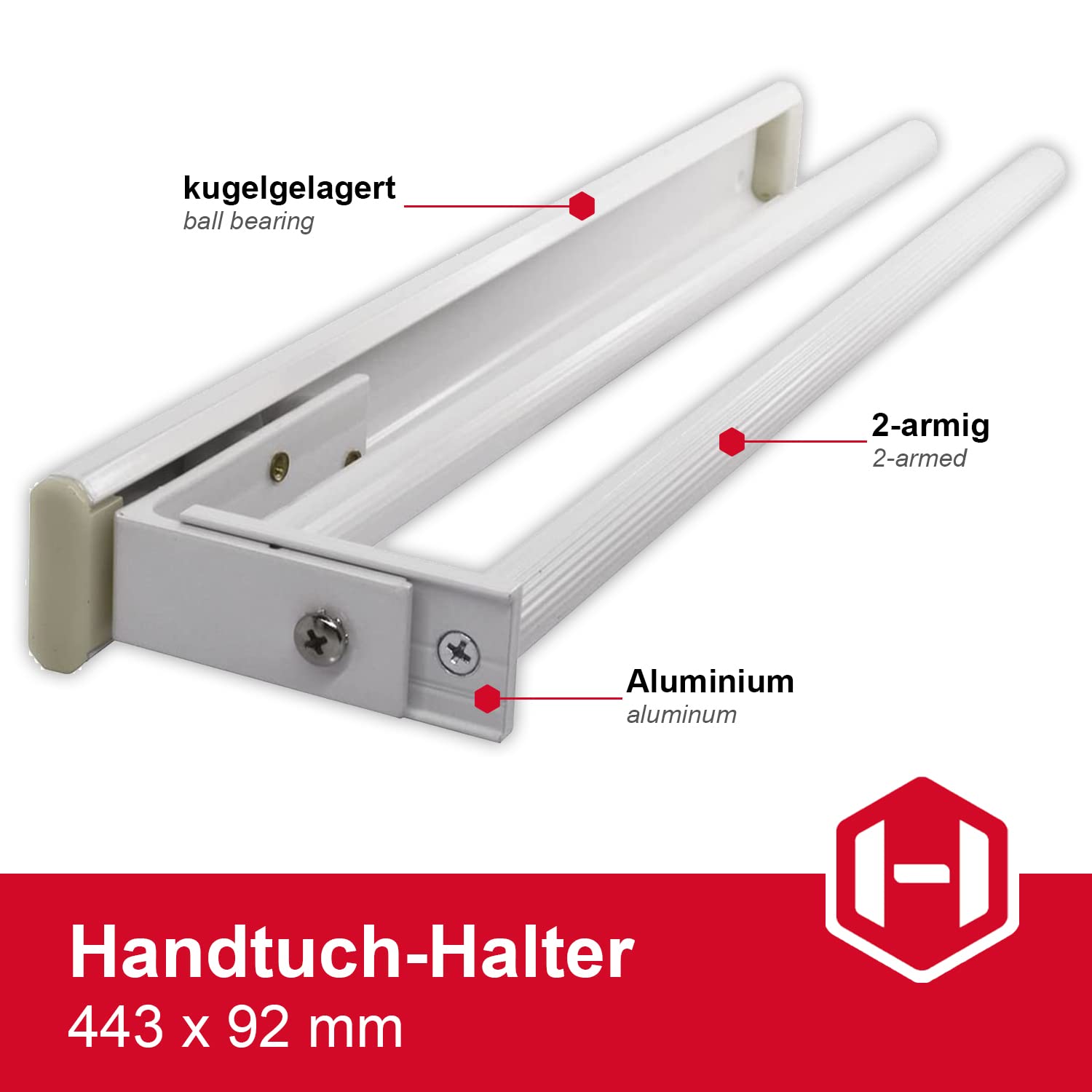 Gedotec Handtuchhalter | Hostel | Handtuch-Auszug ausziehbar 2-armig | 1 Stück Handtuchstange Aluminium weiß beschichtet | Einbaulänge 443 mm | Geschirrtuchhalter für Schrank Seiten- & Decken-Montage
