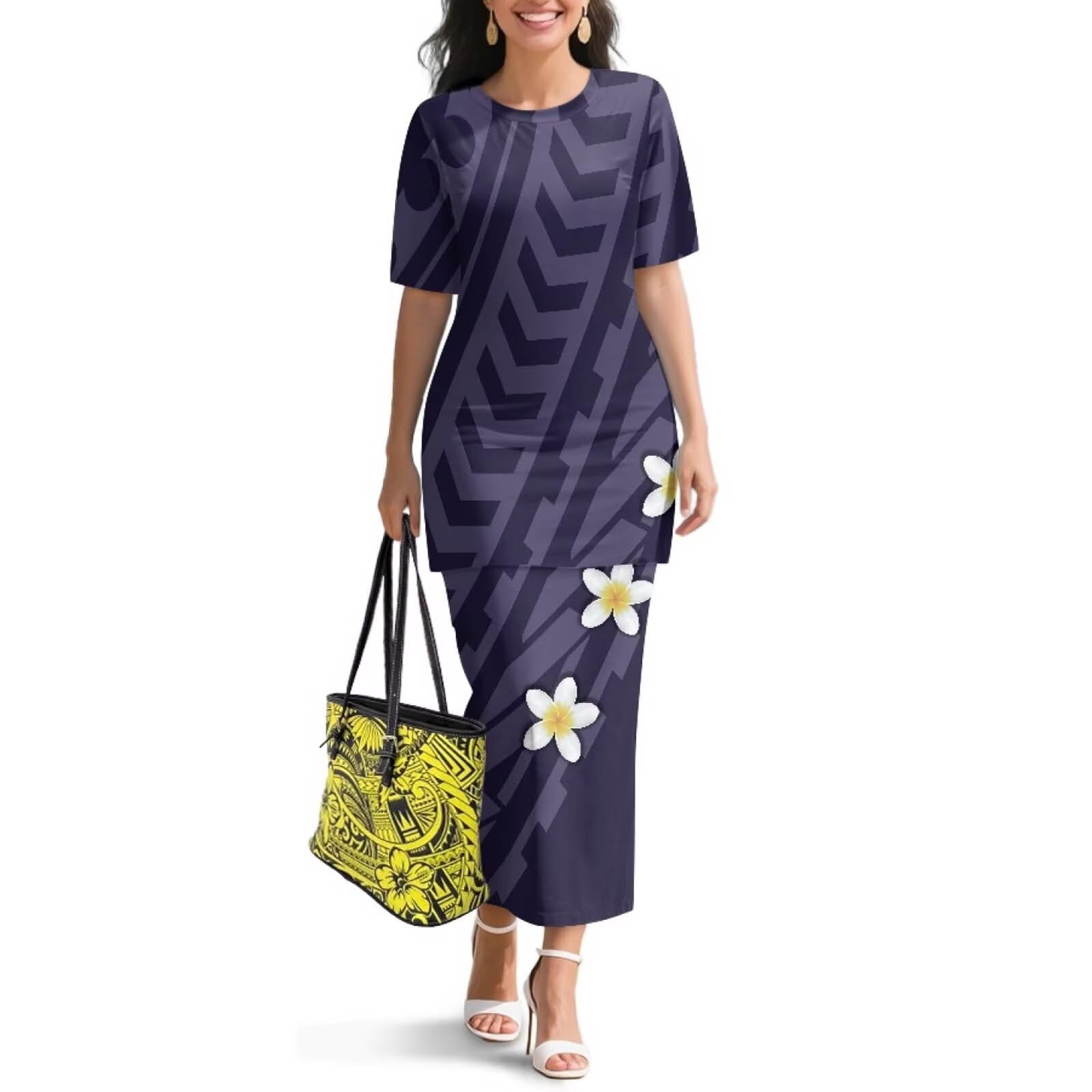 Polynesian Dress for Women Short Sleeve High Waist Maxi Skirt