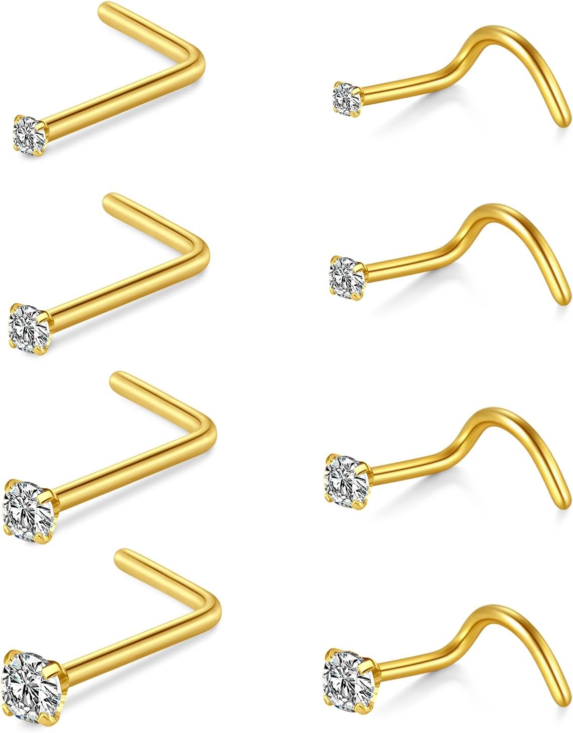 Nose Stud,L Shape Nose Rings Studs Gold Silver Nose Stud L Shaped Stainless Steel Diamond Small Thin Nose Stud for Women Men Corkscrew Nose Rings Nose Piercing Studs Screw