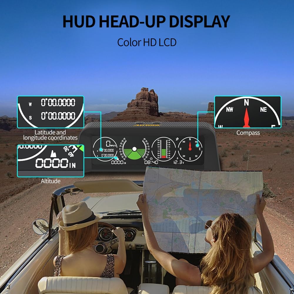 OBEST Inclinometro 4x4, head up display auto digitale Tachimetro GPS con Altimetro Compass Theodolite, per Auto Moto 4x4 Fuoristrada, Ricordo di guida lungo Allarme di sovravelocità