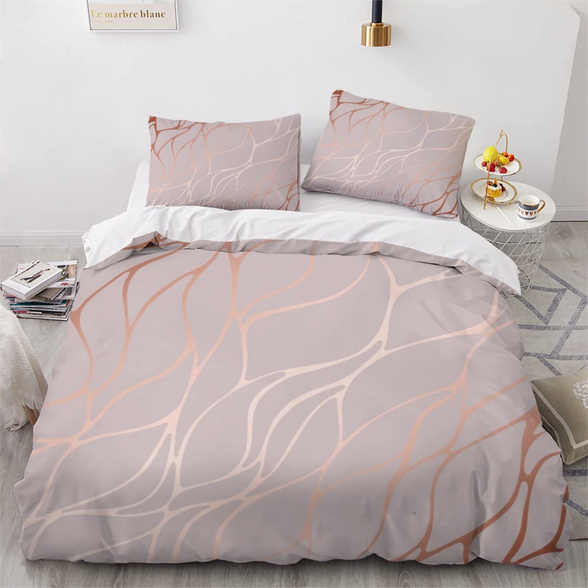 AKATIE Duvet Cover King Size 3d Printed Adults Teenager Microfiber Fluffy Kingsize Bedding Rose Gold Marble Comforter Cover King Size Bedding with Pillowcases（230x220）