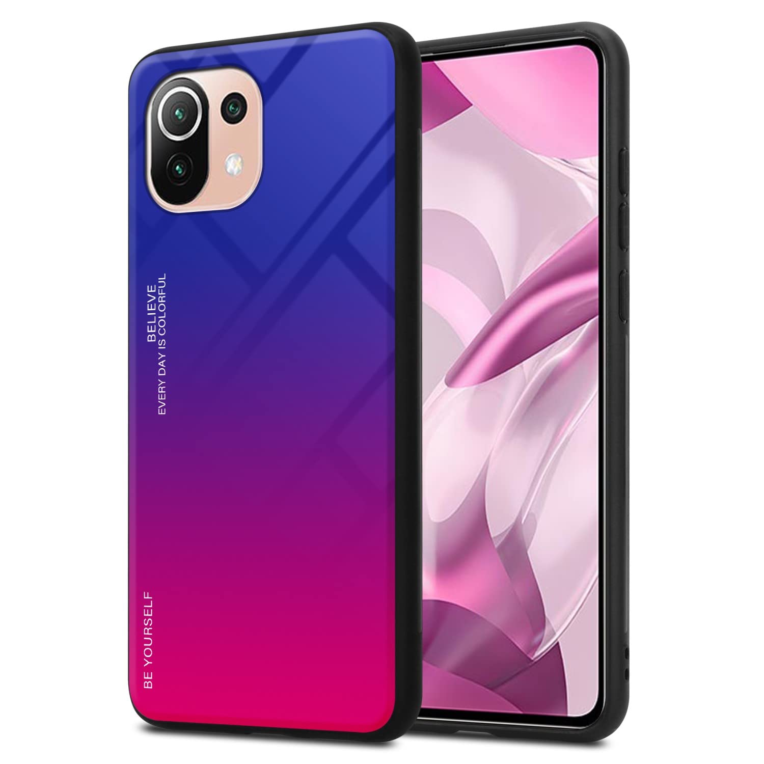 Cadorabo Cover Per Xiaomi Mi 11 Lite (4G/5G/NE) - Custodia Bicolore In TPU Giallo E Rosa Con Retro In Vetro Temperato - 4
