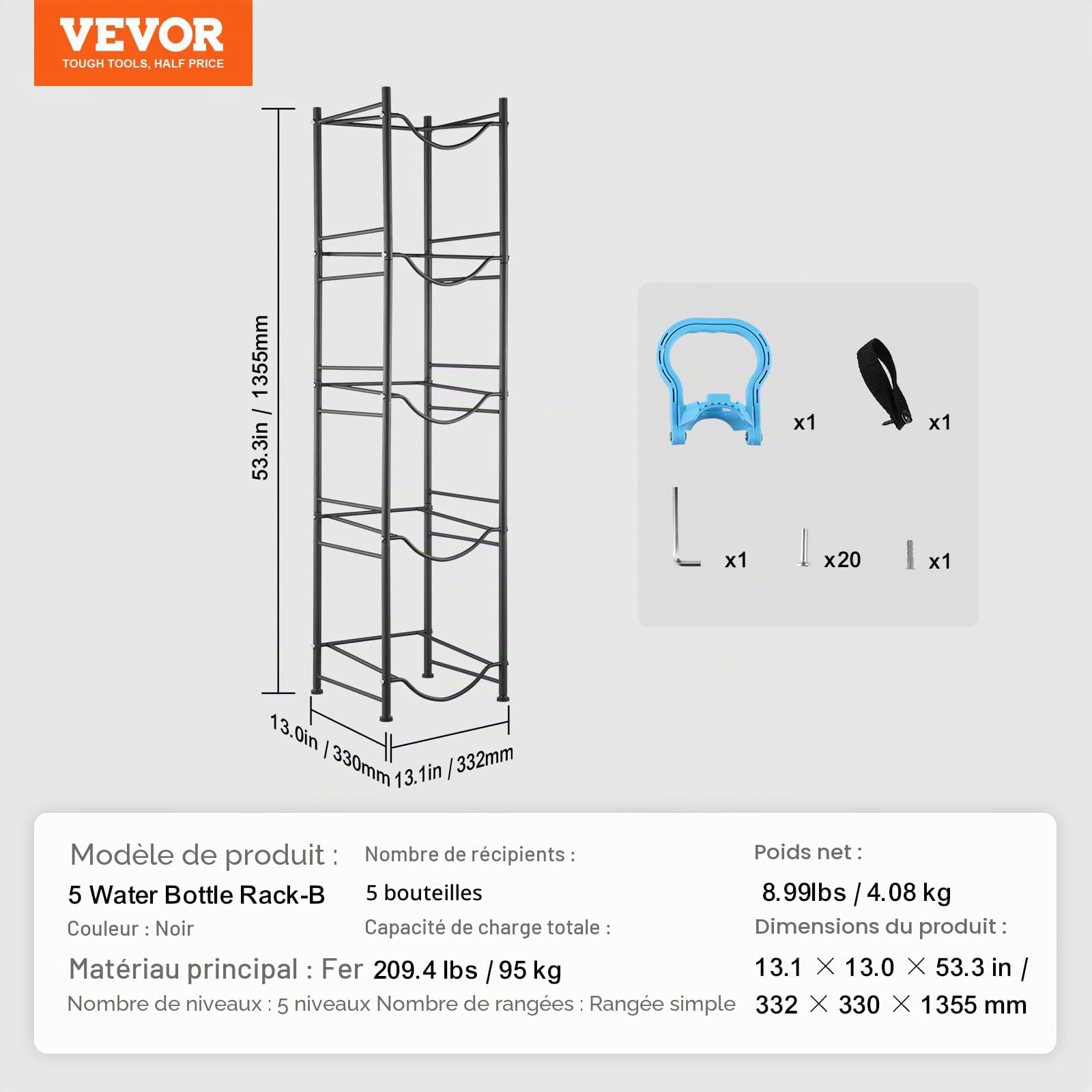 VEVOR Rack à Bonbonnes à 5 Niveaux et 1 Rangée, Support Bouteille d’Eau de 18,9 L, Capacité 5 Pièces, Range Bonbonnes d’Eau Solide, Rangement pour Garde-Manger, Cuisine, Bureau, Salon, Usine, Noir