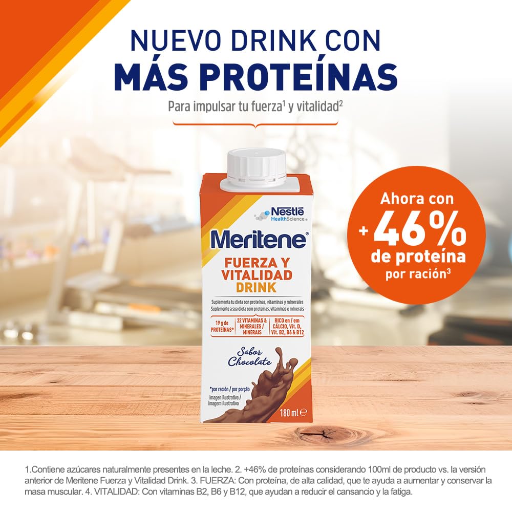 Meritene, Fuerza y Vitalidad Drink, Sabor Chocolate, Listo para Tomar, Fuerza para tus Músculos, Vitalidad para ti, Batido con Proteínas, Vitaminas y Minerales, 6 Unidades, 180 ml