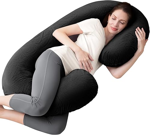 Almohada de embarazo, almohada de cuerpo completo en forma de C para mujeres embarazadas para apoyo de maternidad con funda (negro)