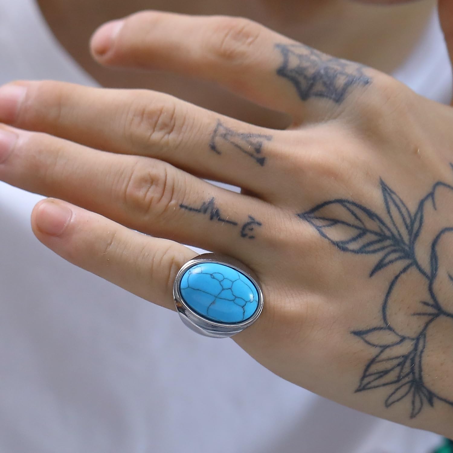 Oval Turquoise Signet Ring Stainless Steel Classical Statement Band Ring for Men Size 12 - Image 3