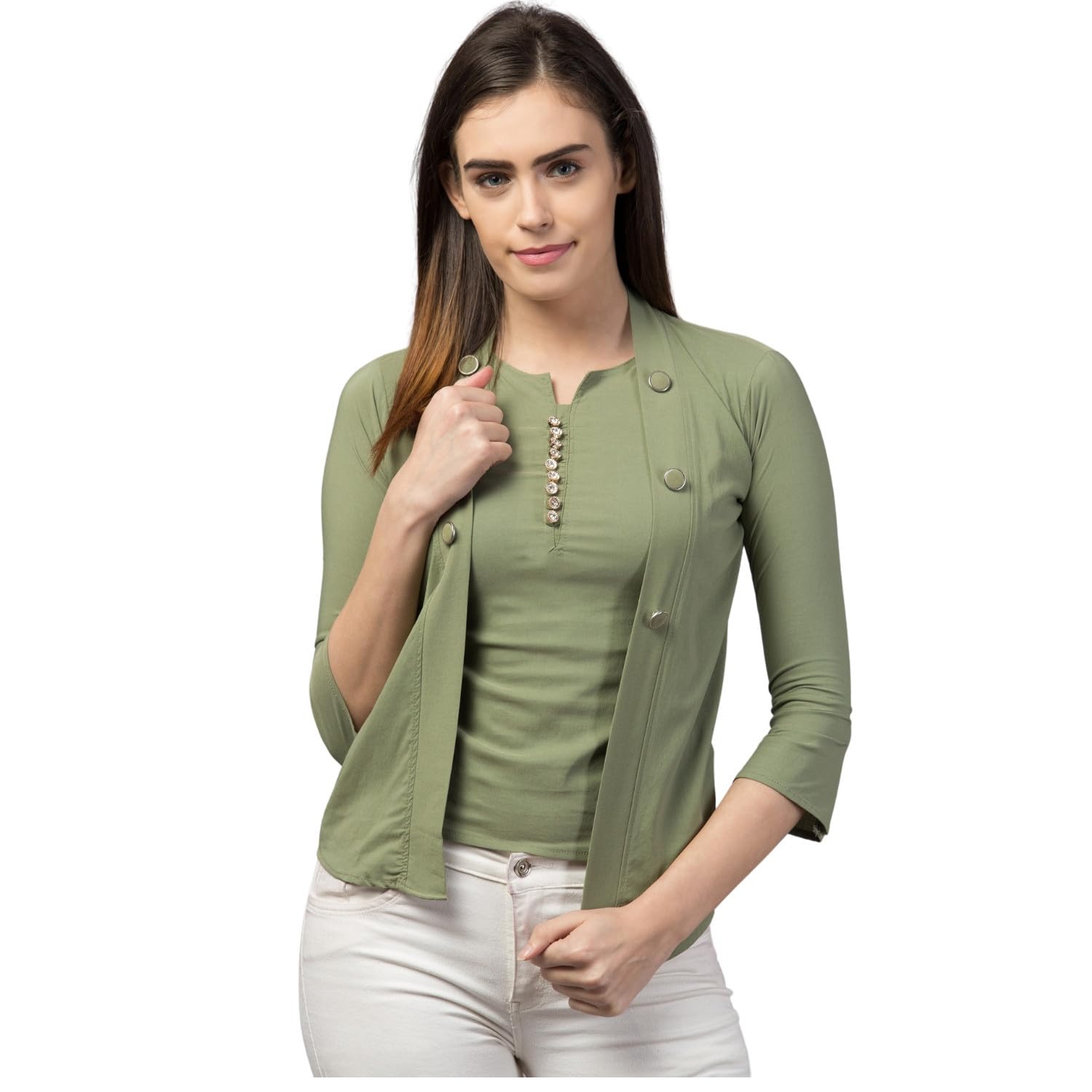 LOUSRICSWomens Viscose Rayon V-Neck Casual Regular Sleeves Top | Pista Color | Size : M