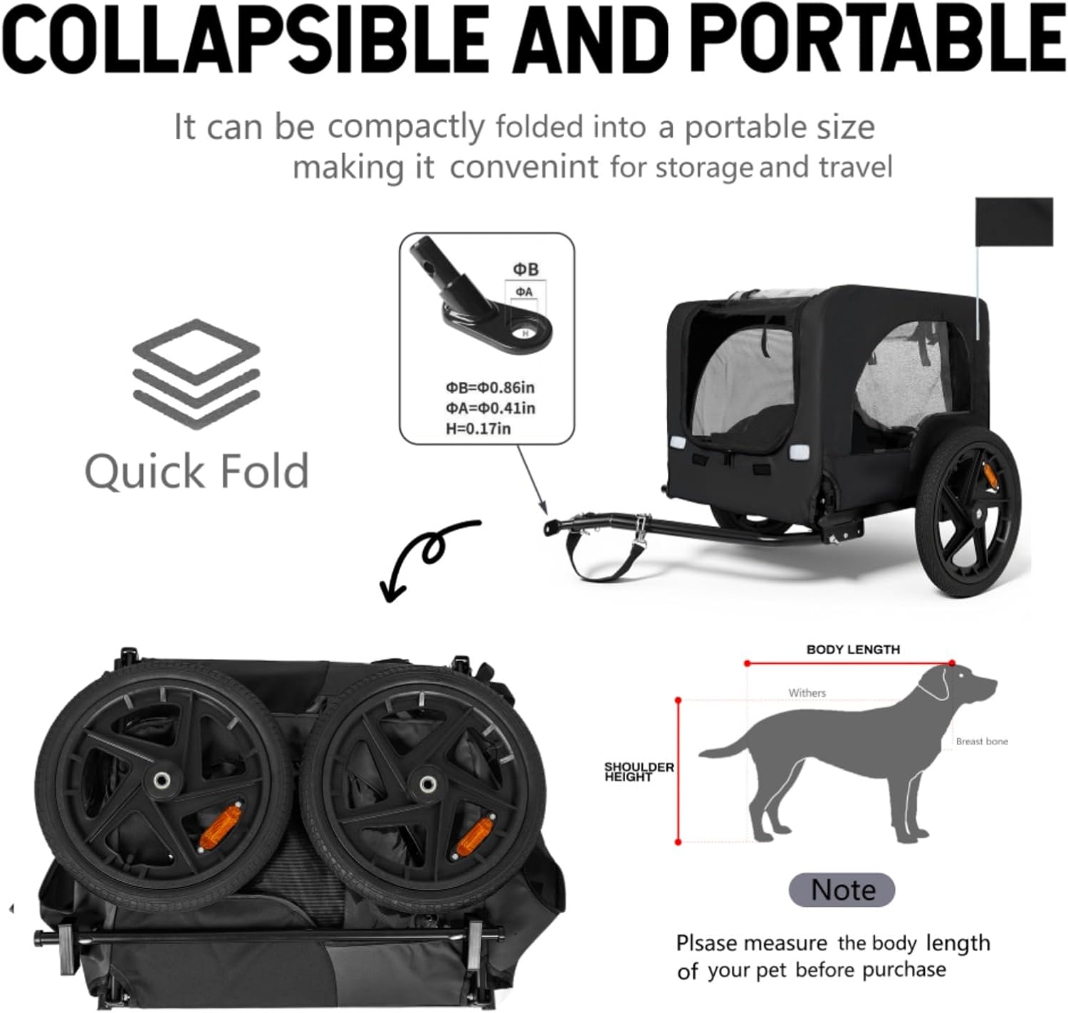 Heavy Duty Pet Bike Trailer, Collapsible Dog Carrier with 16" All-Terrain Wheels, Universal Hitch for Bicycles, 66LBS Capacity, Safety Reflective Strips