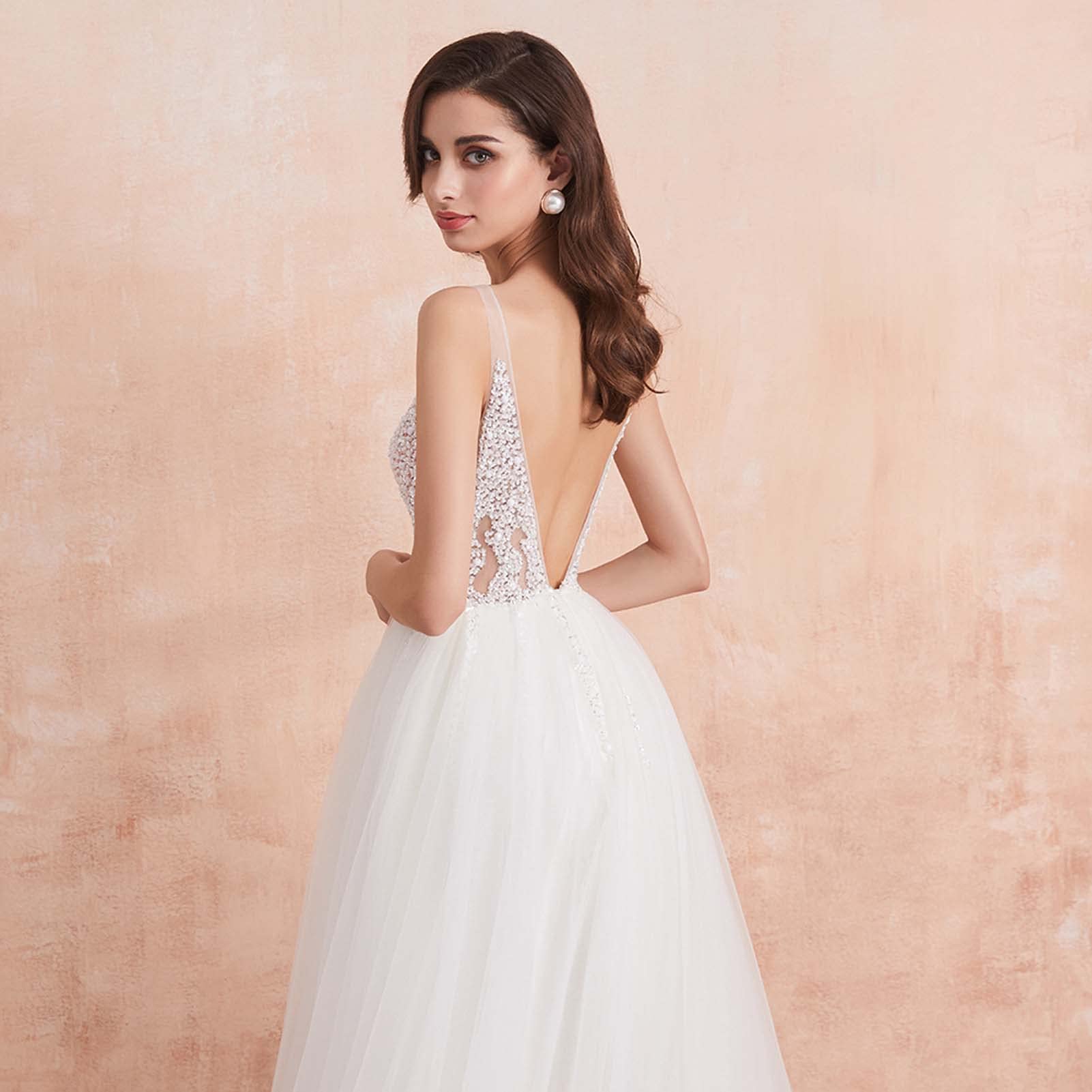 Vestido de Novia de Encaje de Playa, Vestido de Novia de Calcomanía con Cuello V Y Vestido de Novia de Dama de Honor, Blanco, 14
