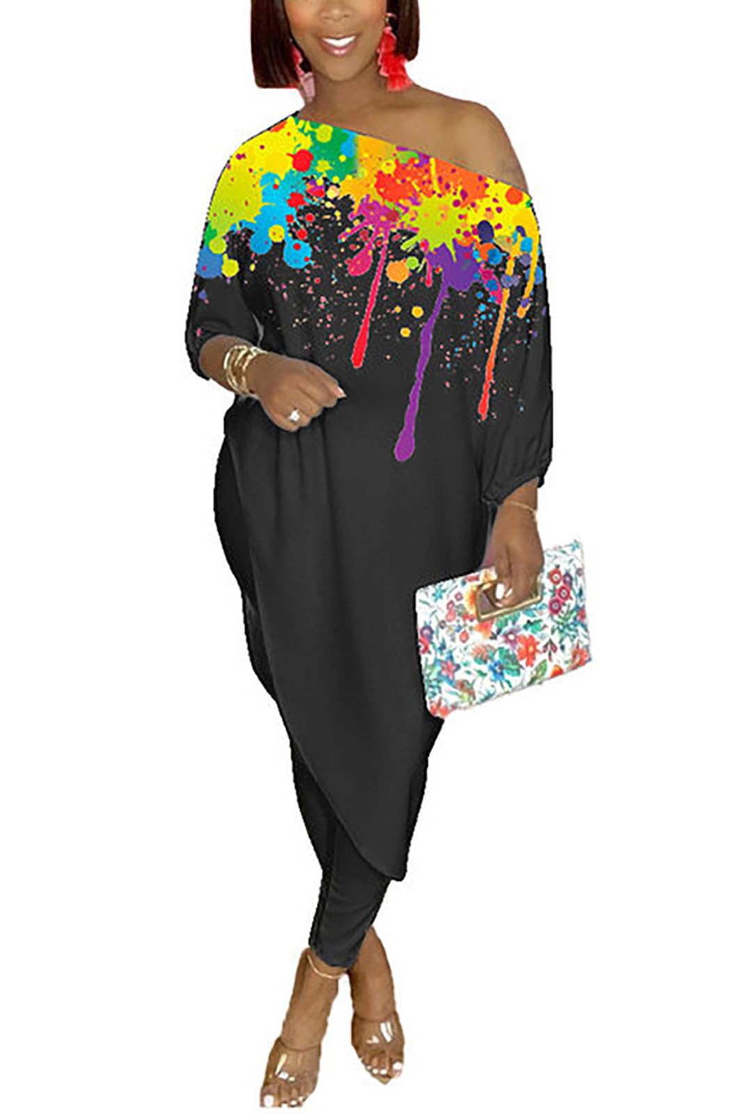 Yuopeid Conjunto de sudadera de verano para mujer, manga 3/4, estampado irregular, pantalones ajustados e informales, conjunto de 2 piezas