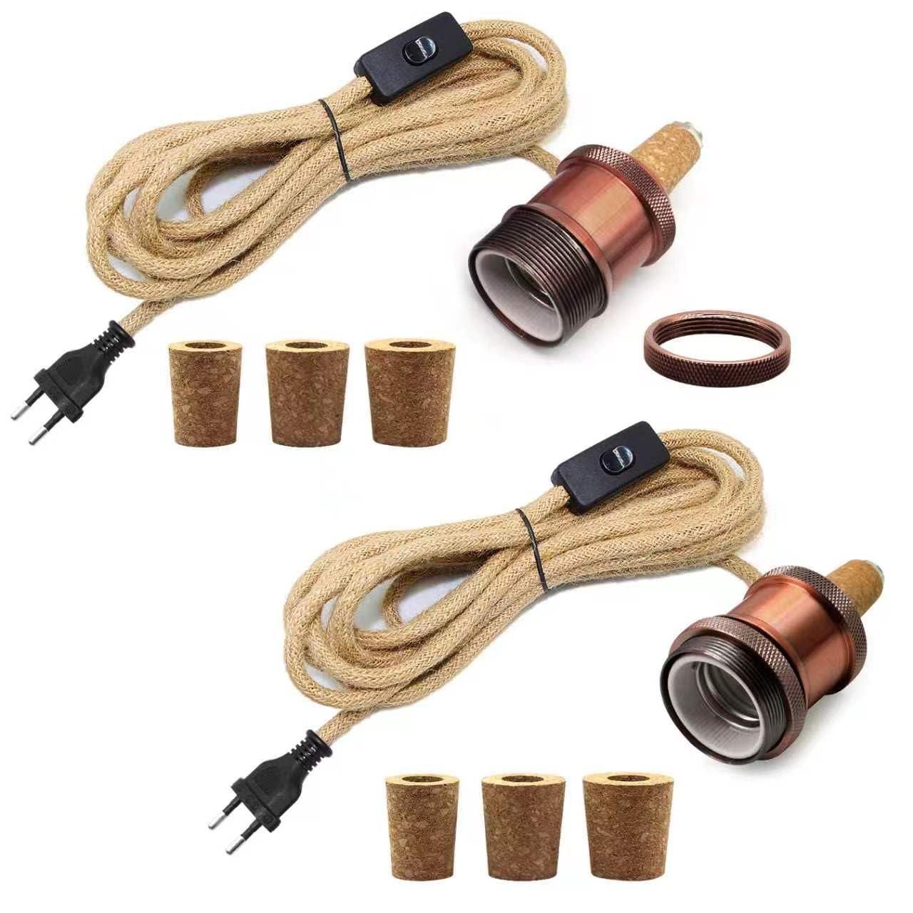 2PCS Kit Lampada Bottiglia, Portalampada E27 con Cavo di Canapa da 240CM, Supporto per Lampada Bottiglia, 3 Tappi Flessibili, Adattatore per Bottiglia per Portalampada, Può Fare da Paralume, Rosso