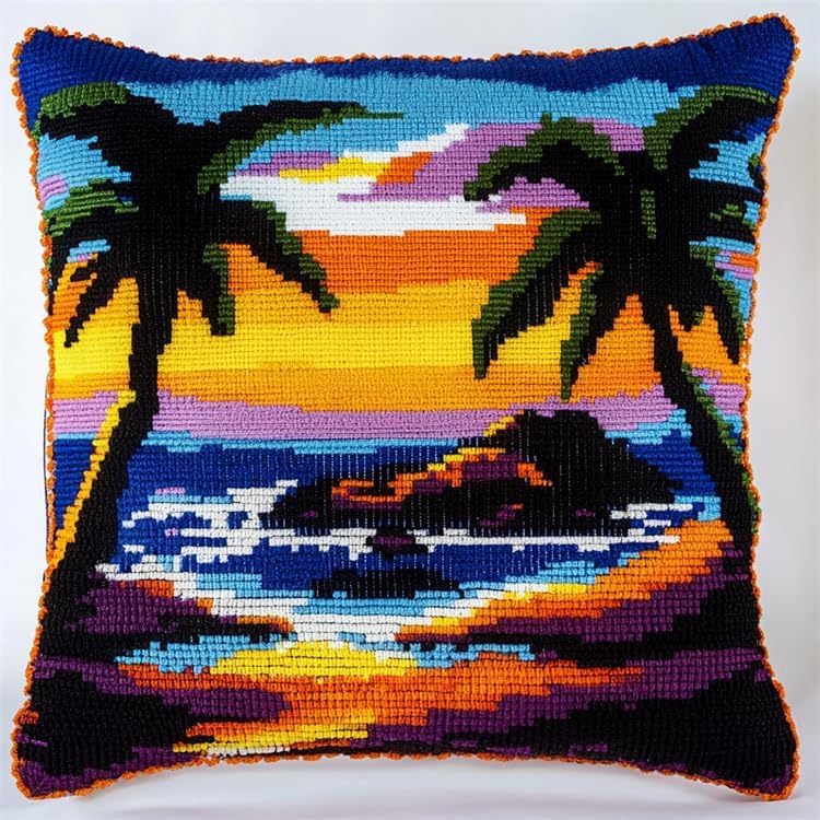 ANSIWEIGO Beach Sunset Landscape Latch Hook Kit Cushion DIY Latch Hook Kits,Tropical Coconut Trees,Sofa Cushion Cover Latch Hook Craft with Printed Canvas for Beginners Kids Adults,17x17 inches