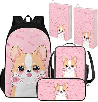 Pink Dog Backpack and Lunch Box for Girls School Bag and Pencil Box for Kids Large Capacity Book Bag and Book Cover for Back to School Soft Daypack Gift for Back to School