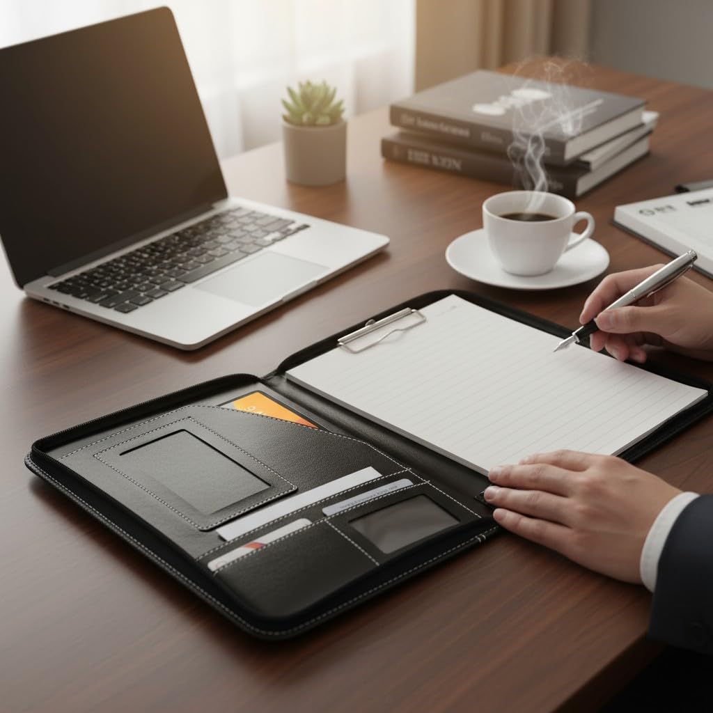 Coverzone Premium Suni Deri Sekreterlik – Mandallı Evrak Tutucu, Tablet Bölmeli Organizer, Çok Gözlü Evrak Dosyası (Hesap Makinesiz Model), Fermuarlı (32.5 × 25 cm), Siyah