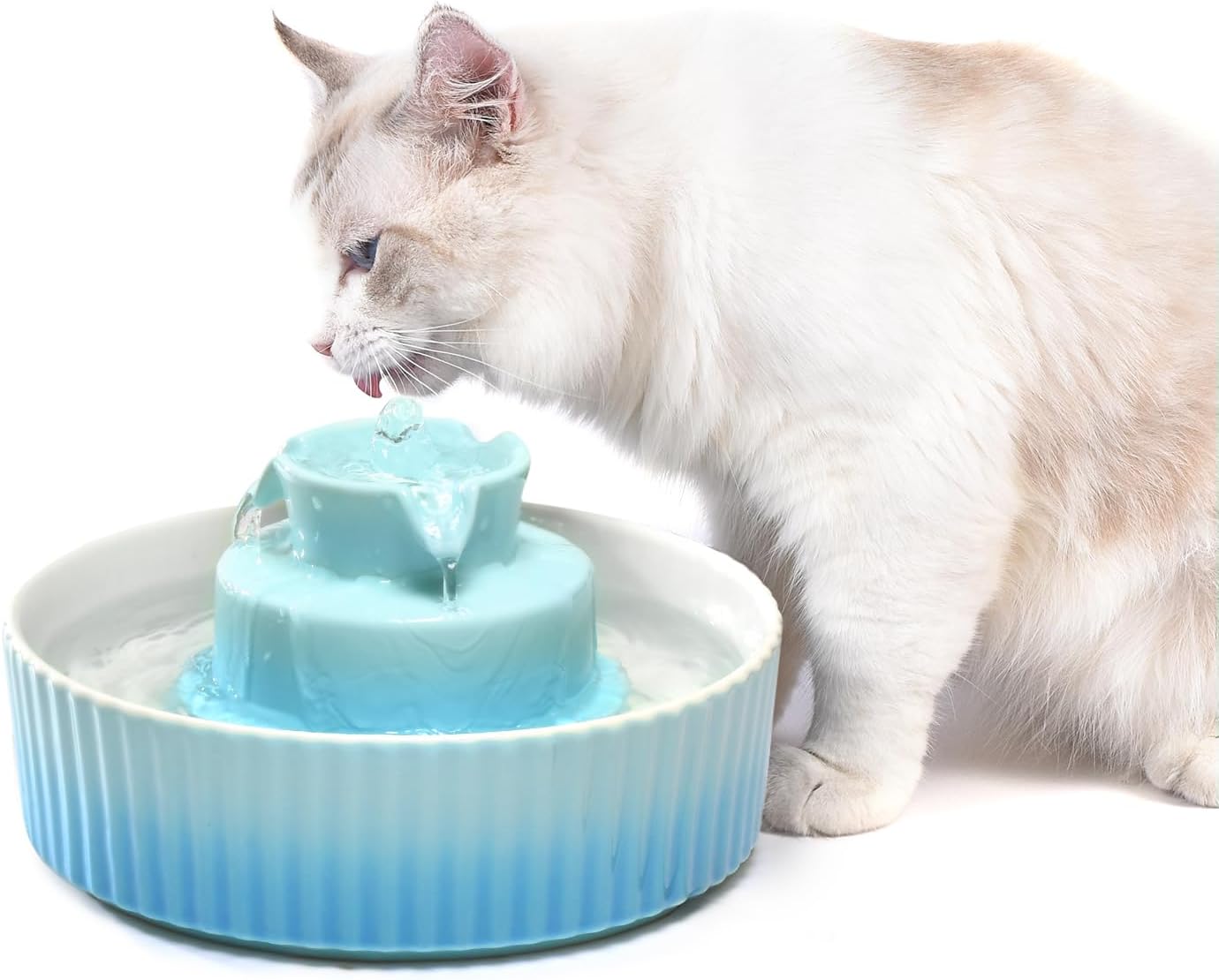 Ceramic Cat Water Fountain, 2.1L Pet Drinking Fountain for Cat and Dog, Cat Fountain Porcelain, Cat Water Dispenser with Activated Carbon Filter and Sponge Foam Pre-Filter (Blue)