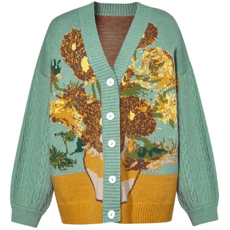 Van Gogh Vintage Cardigan Knit Autumn Winter Sweater Coat Lazy V-Neck Sweater Jacket Loose