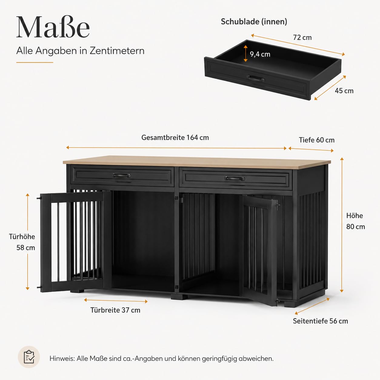 Hundekäfig mit 2 Schubladen und 2 Türen Hundebox für Innenbereich Hundehaus mit getrenntem Innenraum Schwarz und Eichenfarbe 164×60×80cm MDF Hundehütte für 2 Hunde