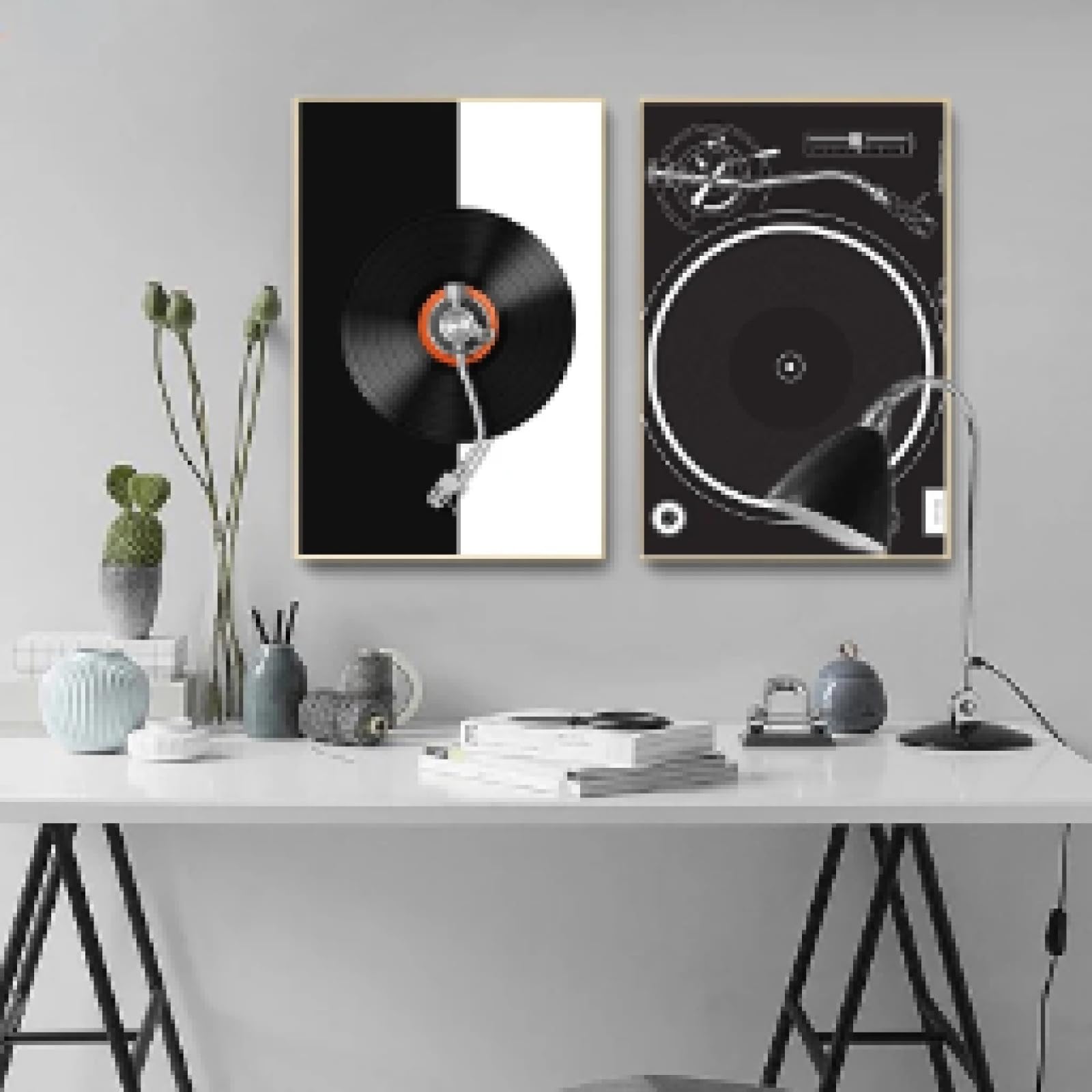 TONGYINLI Czarno-biały retro odtwarzacz płyt winylowych plakat muzyczny i druk na płótnie sztuka ścienna obraz do pokoju dziecięcego dekoracja domu 30 x 40 cm x 2 ramy