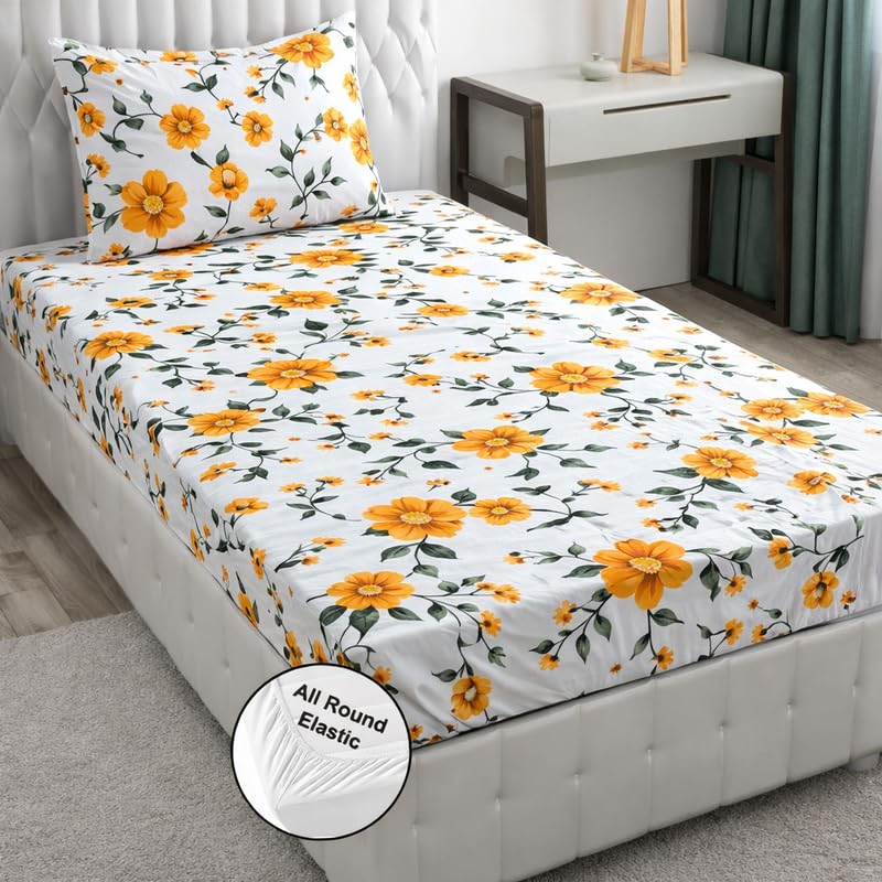 Image of Elasticated Single Bedsheet - Breathable Glace Cotton Material, Fits 6 to 8 Inch Mattress Height, Durable & Wrinkle-Free (Single, 48x72 Inches) Floral Orange