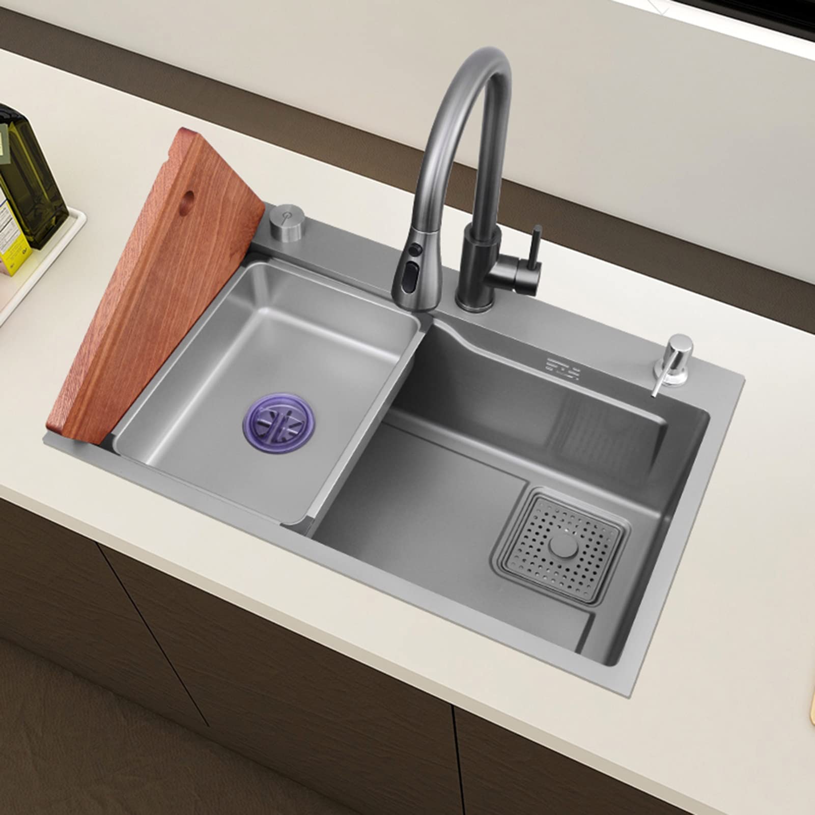 Lavello da Cucina a Vasca Singola,Lavello con Gradino,Lavello da Bar per Workstation in Acciaio Inossidabile, con Rubinetto,Lavello sottopiano (Grigio Canna di Fucile a)