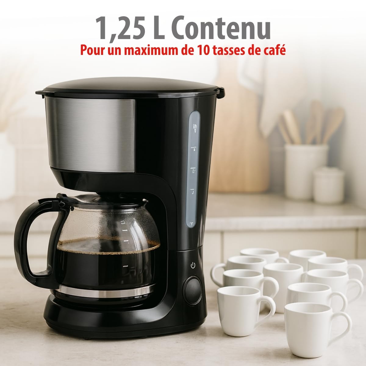 alpina Cafetière à Filtre 750 W - Machine à Café avec Filtre Permanent - Verseuse en Verre 1,25 L - Jusqu'à 10 Tasses - Anti-Goutte et Maintien au Chaud - Noir