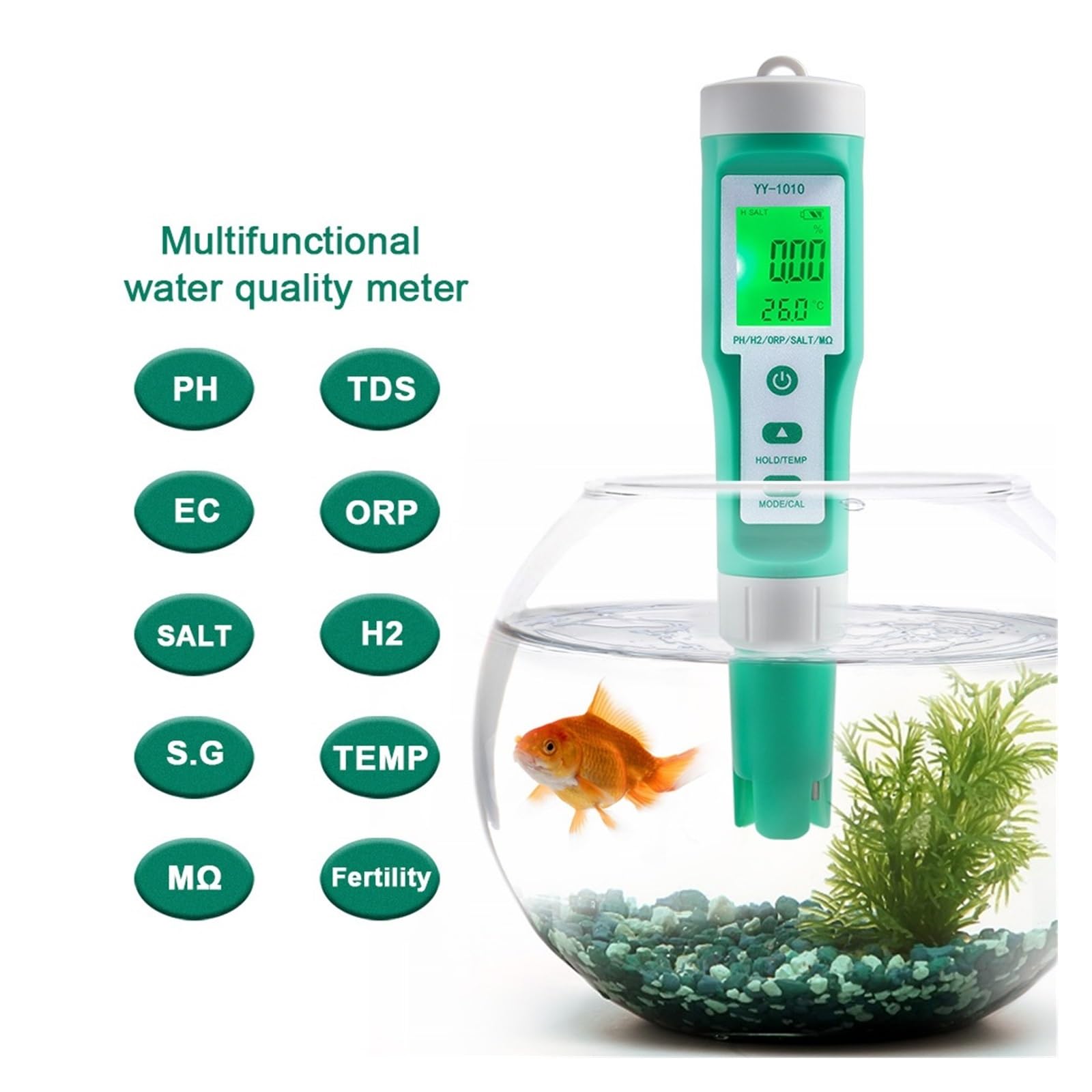 TDS Testeur, Testeur numérique Multifonction 10 en 1 PH/EC/TDS/ORP/H2/Fertile/salinité/SG/résistance/température de la qualité de l'eau for Aquariums(Meter)