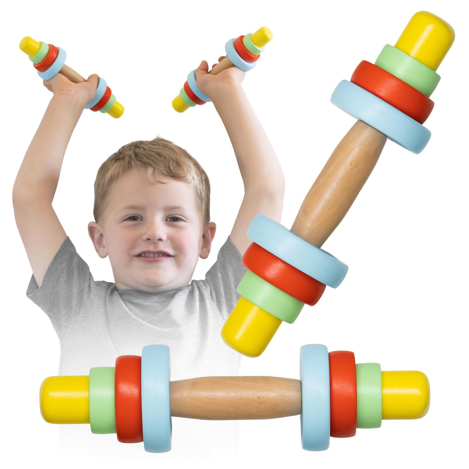 Grow With Grace Wooden Toy Dumbbell Set: Colorful Toddler Workout Equiptment - Fun Exercise Weights for Kids - Safe and Durable Kids Weight Set - Active Play and Fitness Habits - 2pc Kids Gym