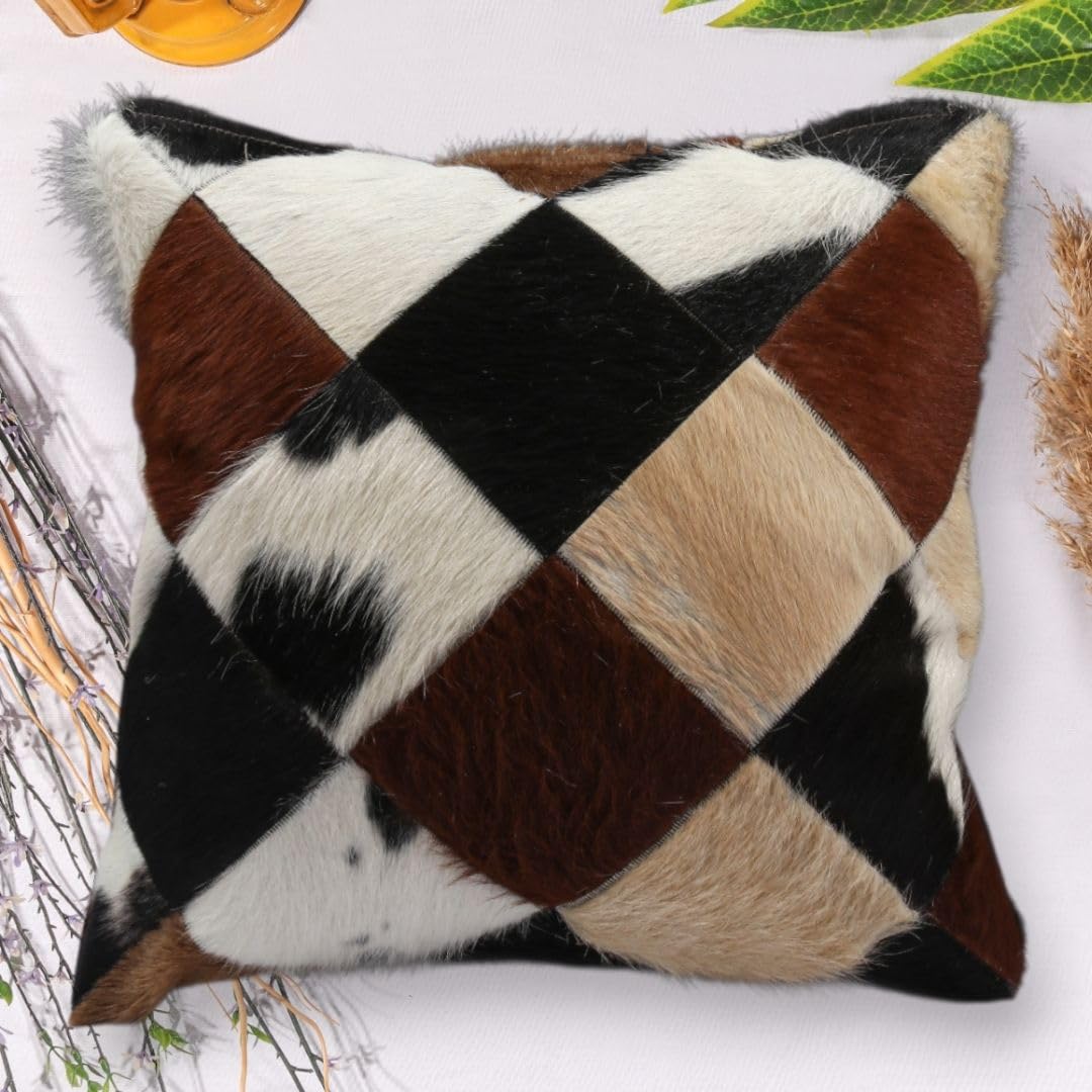 Photo 1 of Barrio Rico Hair-On Cowhide Pillow Cover 18x18 – Decorative Leather Throw Pillow Case for Couch, Sofa, Bed – Brown White Black Tan Patchwork Cushion