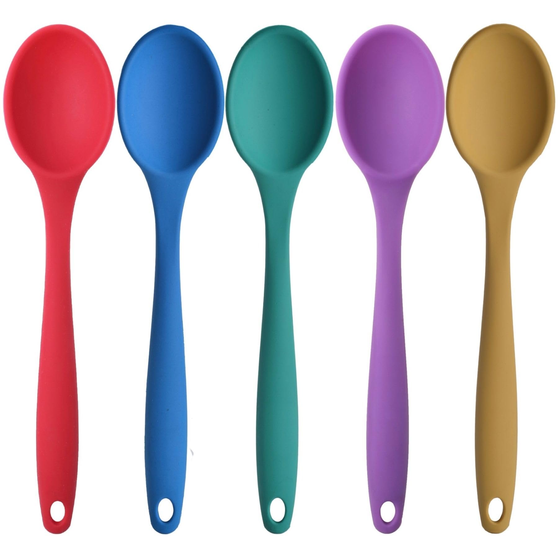 Silikon Büyük Boy Kaşık Seti, Yanmaz Yapışmaz, Çok Renkli - Sarı, Yeşil, Kırmızı, Mavi, Mor - 27 CM, 5 Adet Set, BPA Free