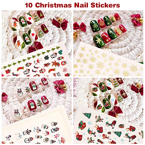 Febsnow Christmas Nail Stickers 10 Sheets Nail Art Stickers Self-Adhesive Christmas Nail Decals Winter Snowflake Santa Reindeer Snowman Holiday Xmas Nail Supplies Nail Art Accessories For Women Girls #TOP3