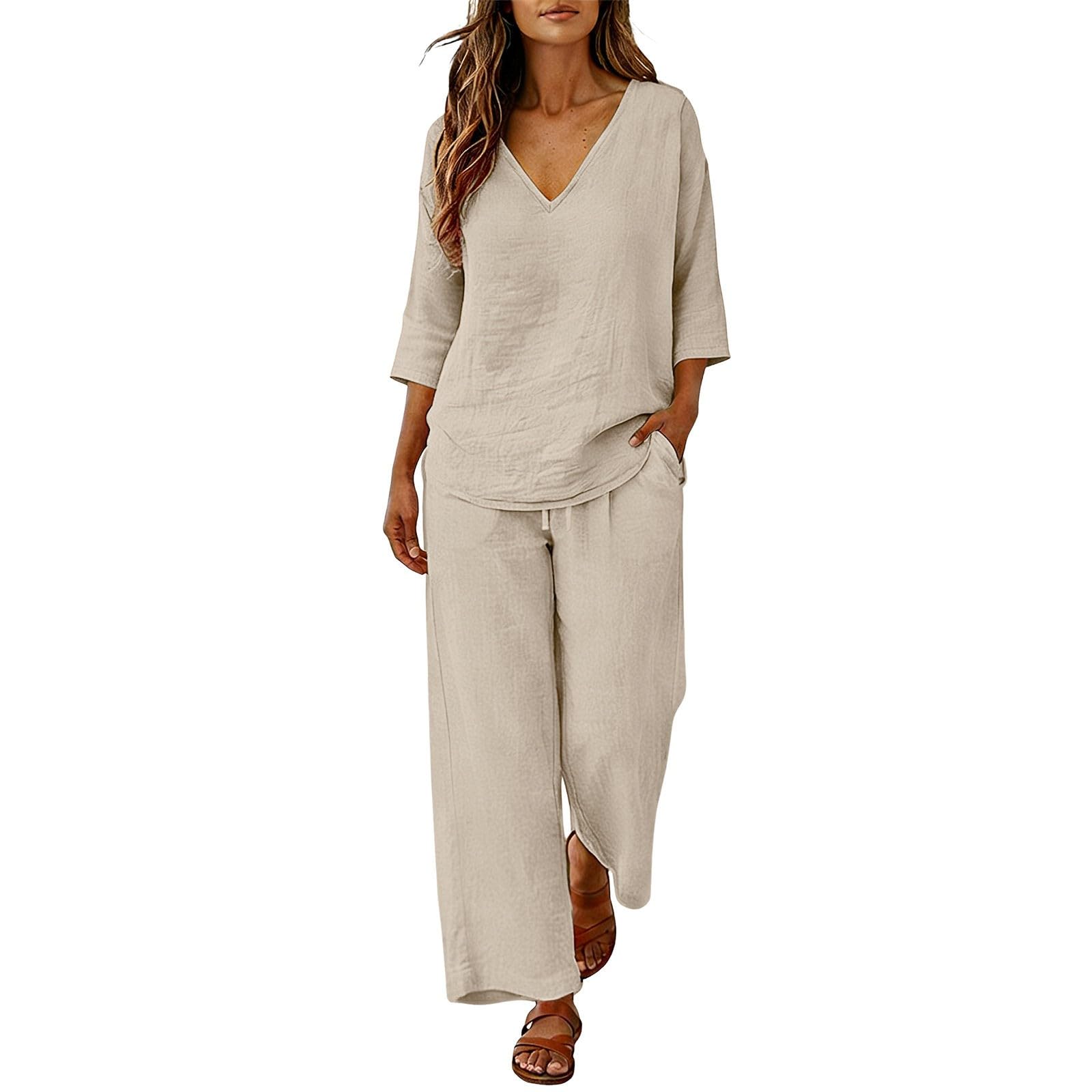 Ensemble En Lin Femme 2 Pieces Chic Et Elegant Léger Été Loungewear De Jogging Maison Ample Lâche Avec Cordon Serrage Décontractée Demi-Manche Chemise Col V Pantalon Large Fluide Tenue Grande Taille