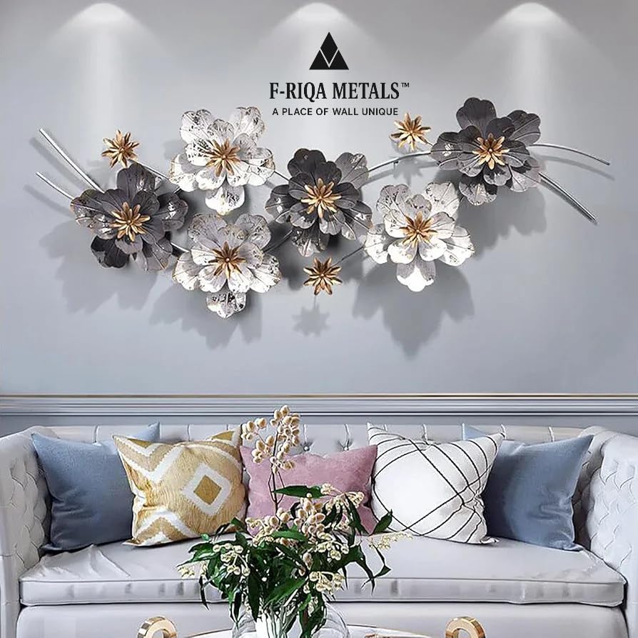 Image of F-RIQA METAL A PALACE OF WALL UNIQUE White & Grey Floral Metal Wall Art for Living Room | Handcrafted Iron Wall Hanging with Golden Flowers Luxury Wall Hanging Decoration for Living Room, Bedroom, Hallway & Office (Art Deco)