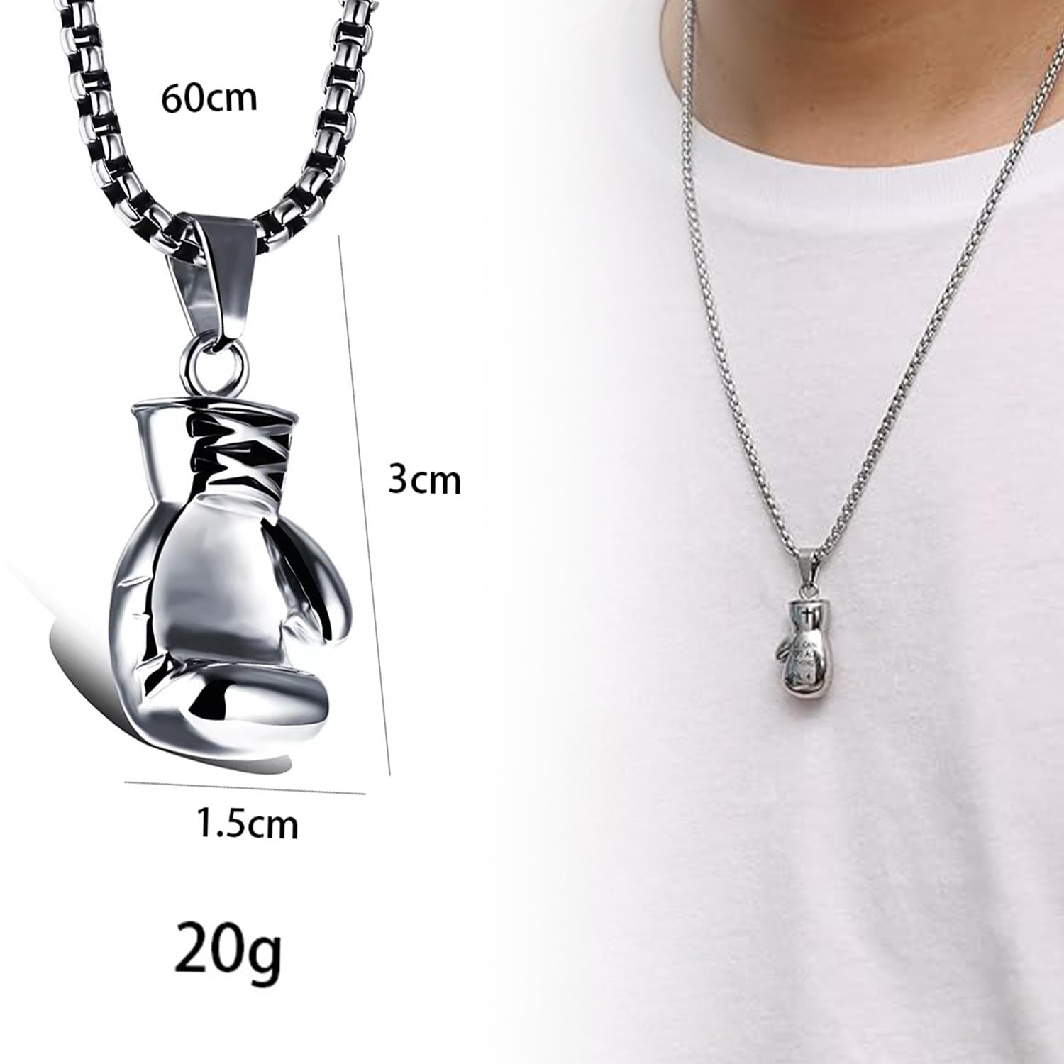 Boxing Necklace for Men Stainless Steel Glove Pendant Gloves Chain Jewelry Charm Boxing Glove Pendant Necklace for Men Punk Style Boxing Glove Chain, Silver